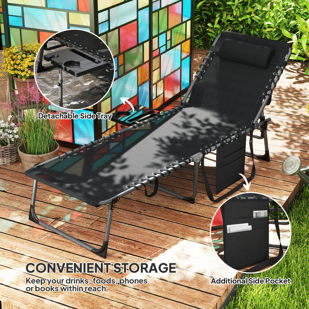 Folding Lounge Chair, Outdoor Chaise Lounge Tanning Chair with Adjustable Back, Side Table, Headrest, Black