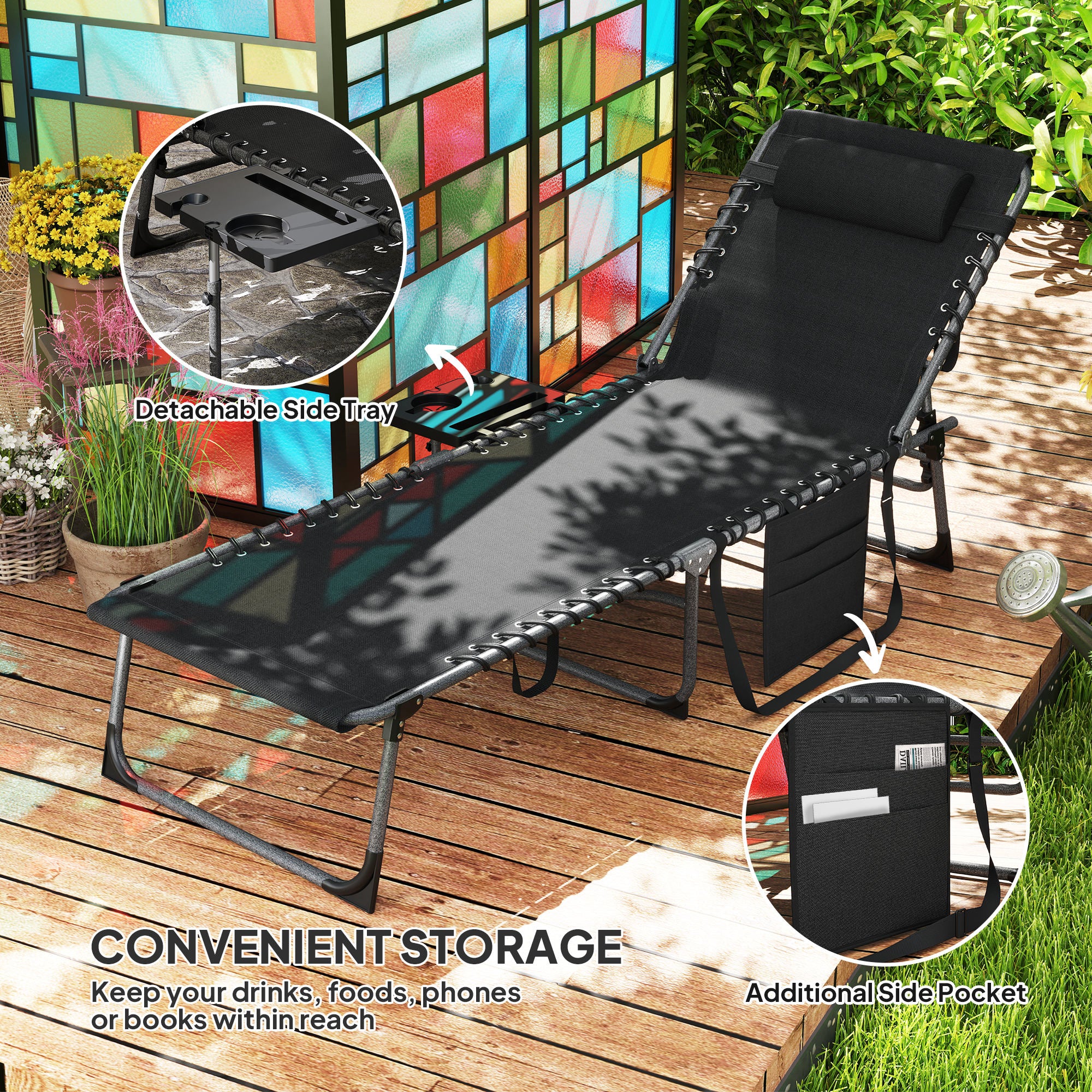 Folding Lounge Chair, Outdoor Chaise Lounge Tanning Chair with Adjustable Back, Side Table, Headrest, Black