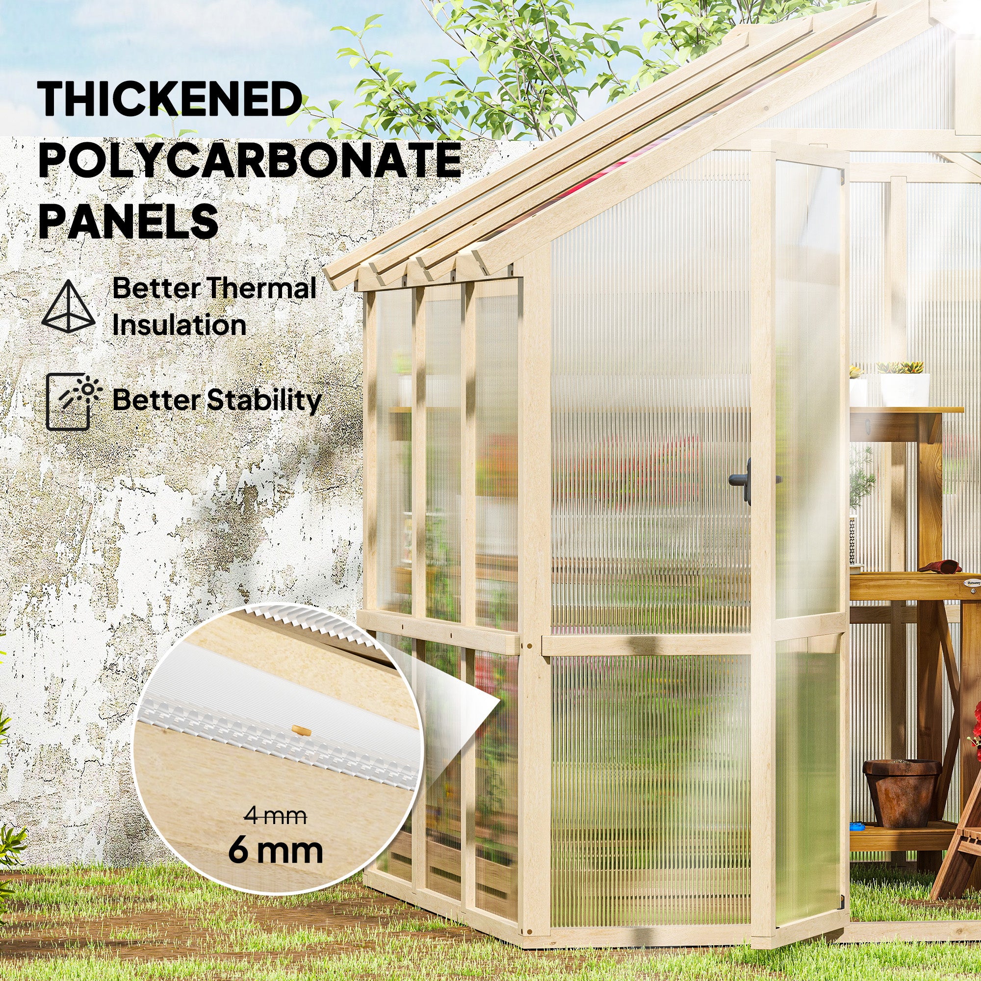 6.6 x 6ft Polycarbonate Greenhouse Wooden Green House with Thickened Polycarbonate Sheets, Lockable Door, Brown