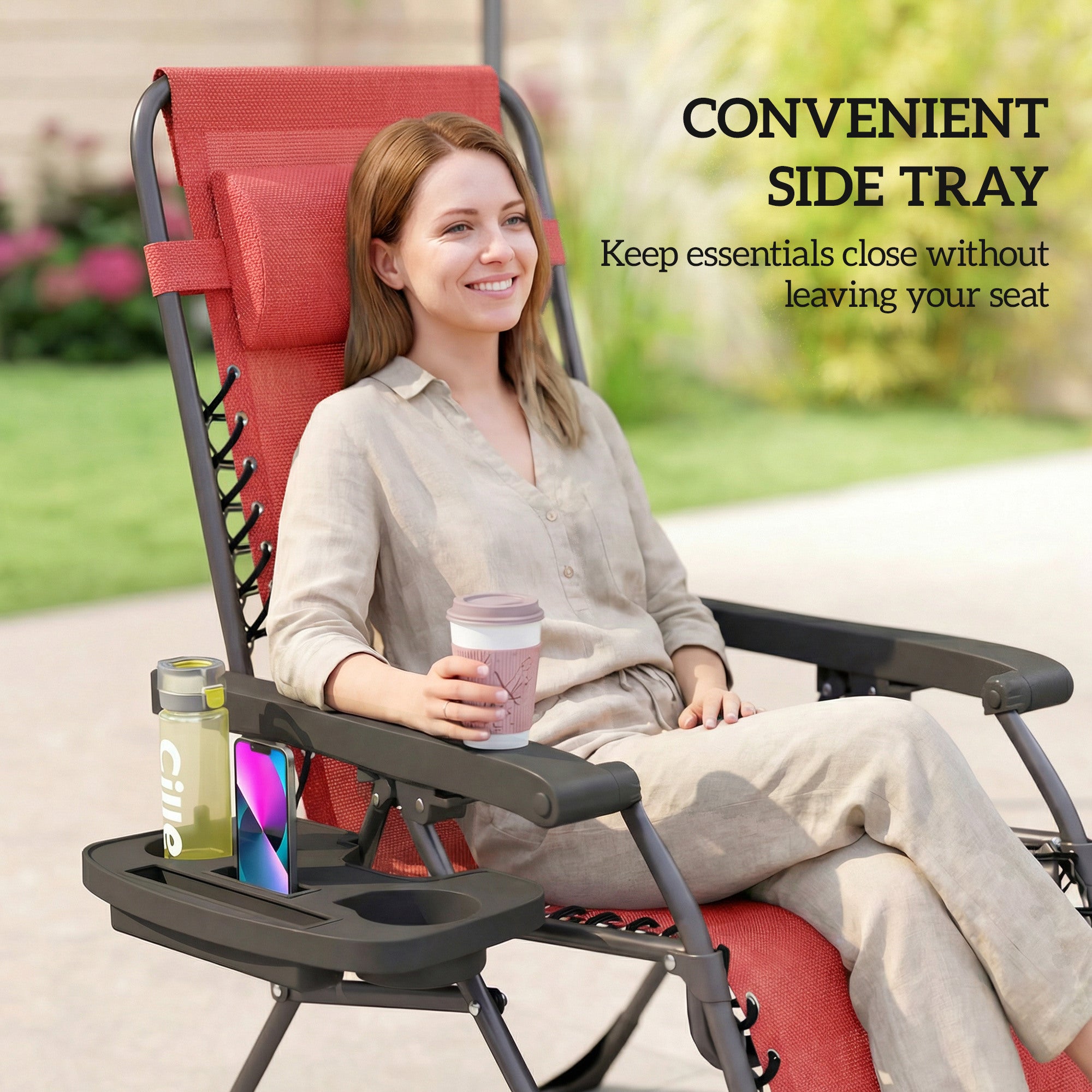 Zero Gravity Chair Set of 2, Folding Reclining Outdoor Lounge Chair with Cup Holder, Headrest, Wine Red