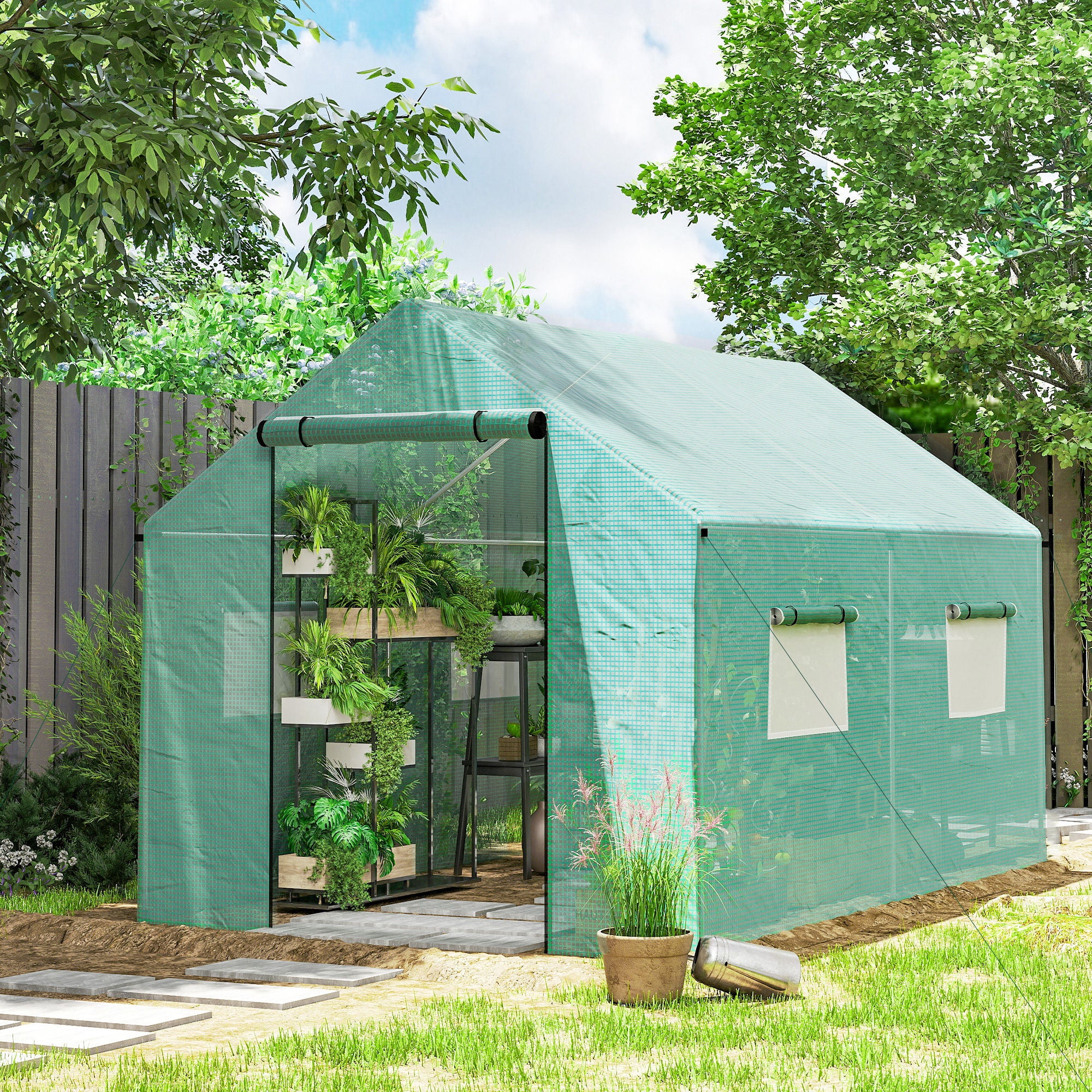 6.6' x 10' x 6.6' Walk-in Tunnel Greenhouse UV-resistant Wind Resistant Green House with Door and Mesh Windows, Green
