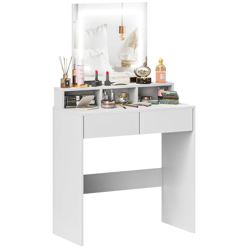 White makeup vanity desk with LED light mirror and drawers
