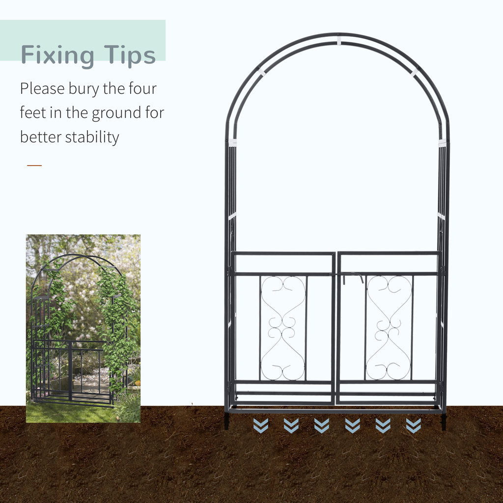 6.7 FT Steel Garden Arch with Gate Outdoor Courtyard Arbor for Climbing Vine Plants Lawn Backyard Decoration Dark Grey
