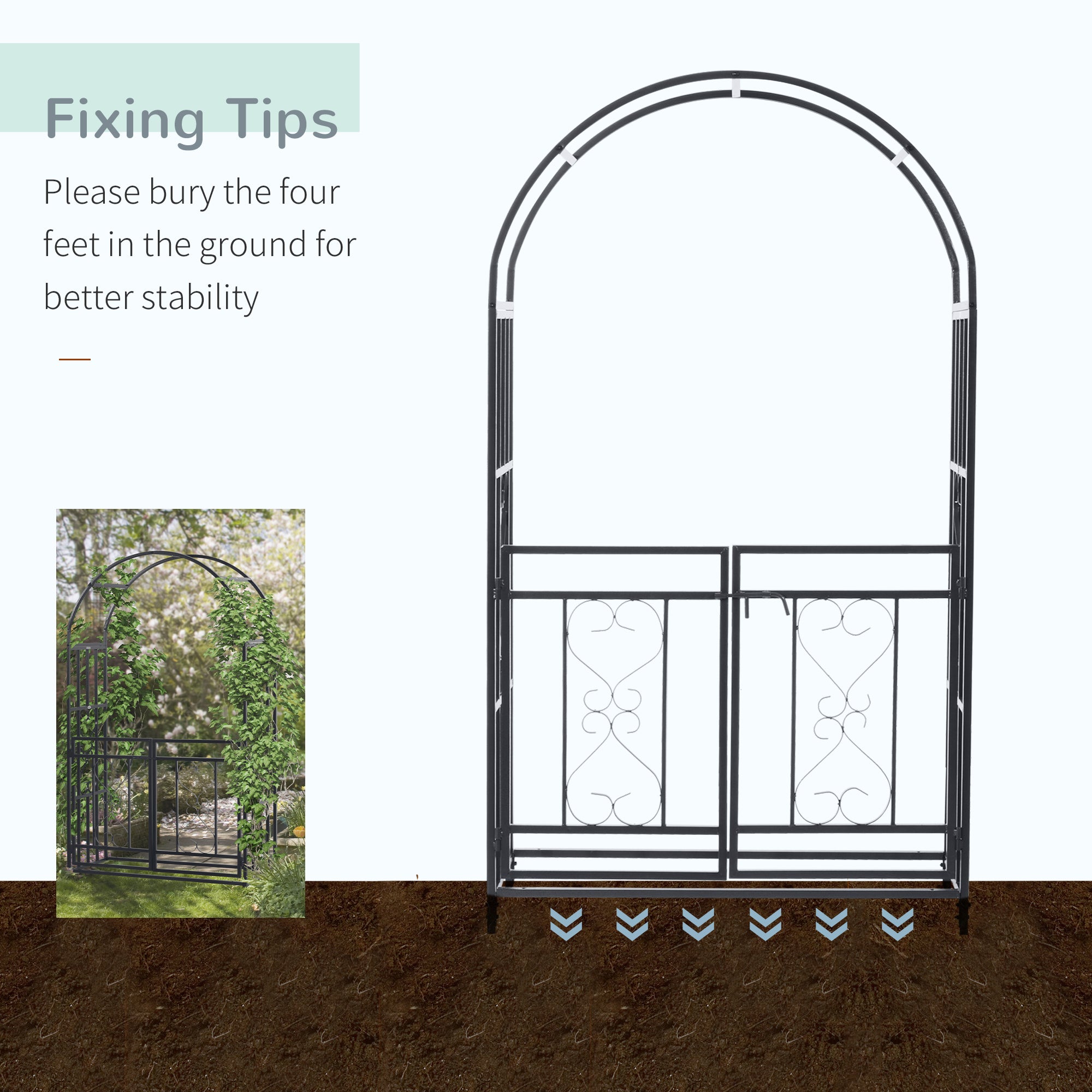 6.7 FT Steel Garden Arch with Gate Outdoor Courtyard Arbor for Climbing Vine Plants Lawn Backyard Decoration Dark Grey