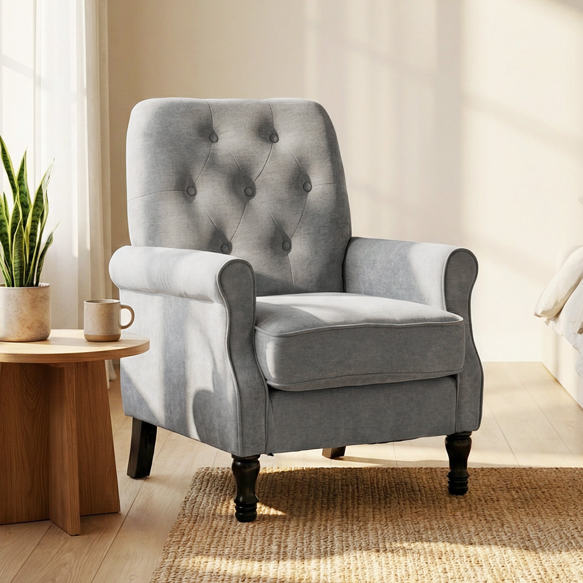 Accent Chair, Mid-Century Modern Armchair with Thick Padded Seat, Spring Cushion, Solid Wood Legs, Grey
