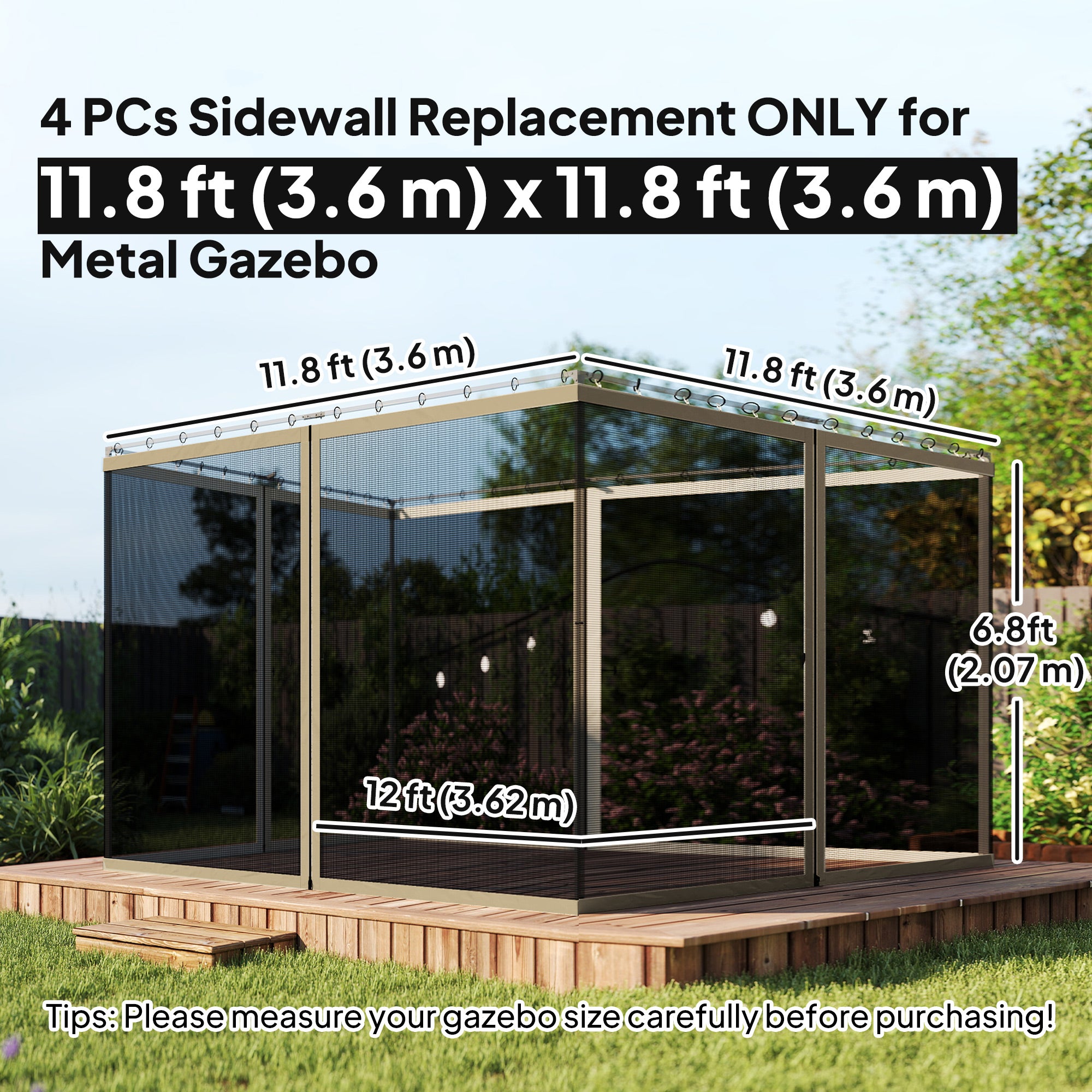 Replacement Mosquito Netting for Gazebo 12' x 12' Black Screen Walls for Canopy with Zippers, Khaki
