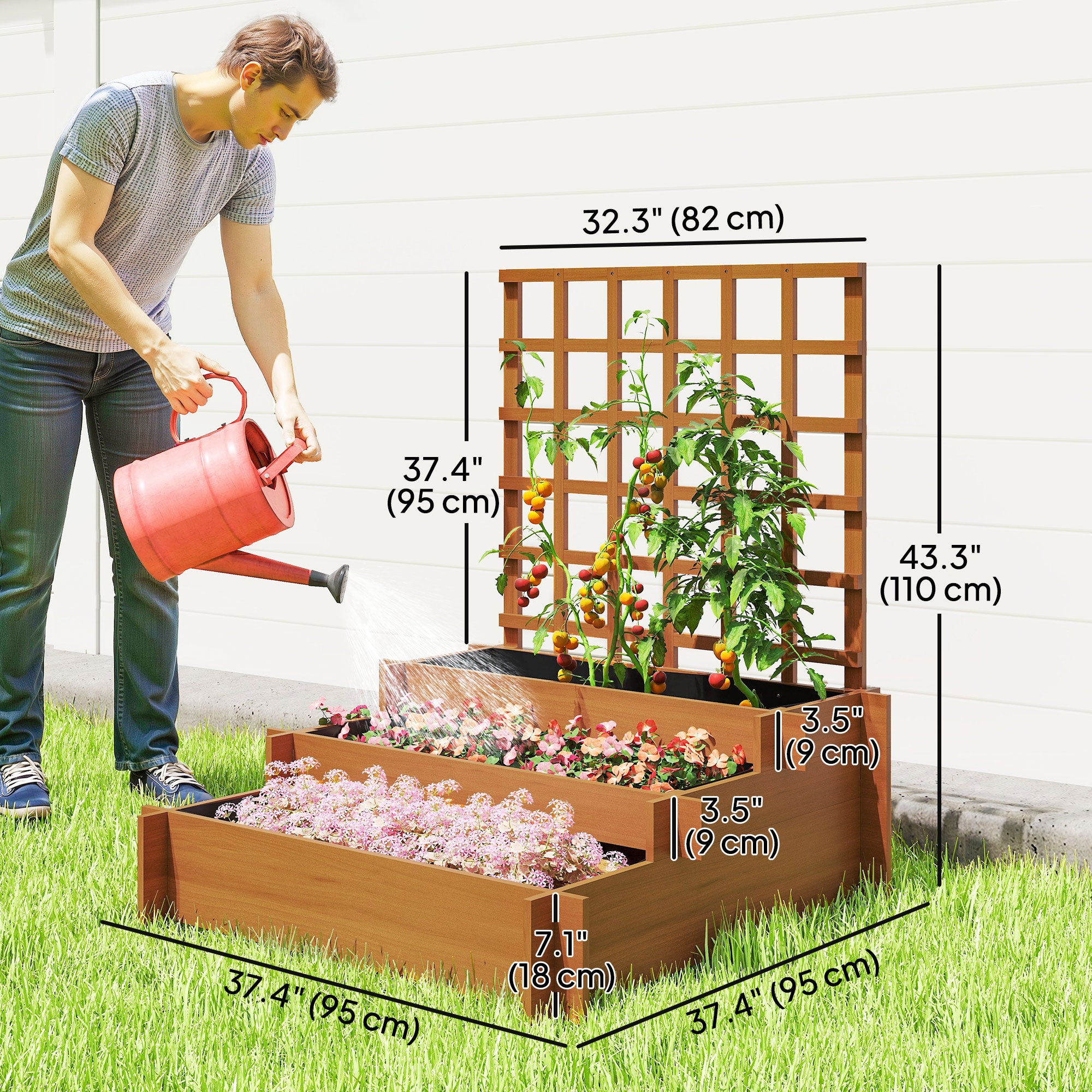 Wooden Elevated Planter Box with Trellis for Climbing Plants, 3 Tier Raised Garden Bed for Garden, Outdoor, Brown