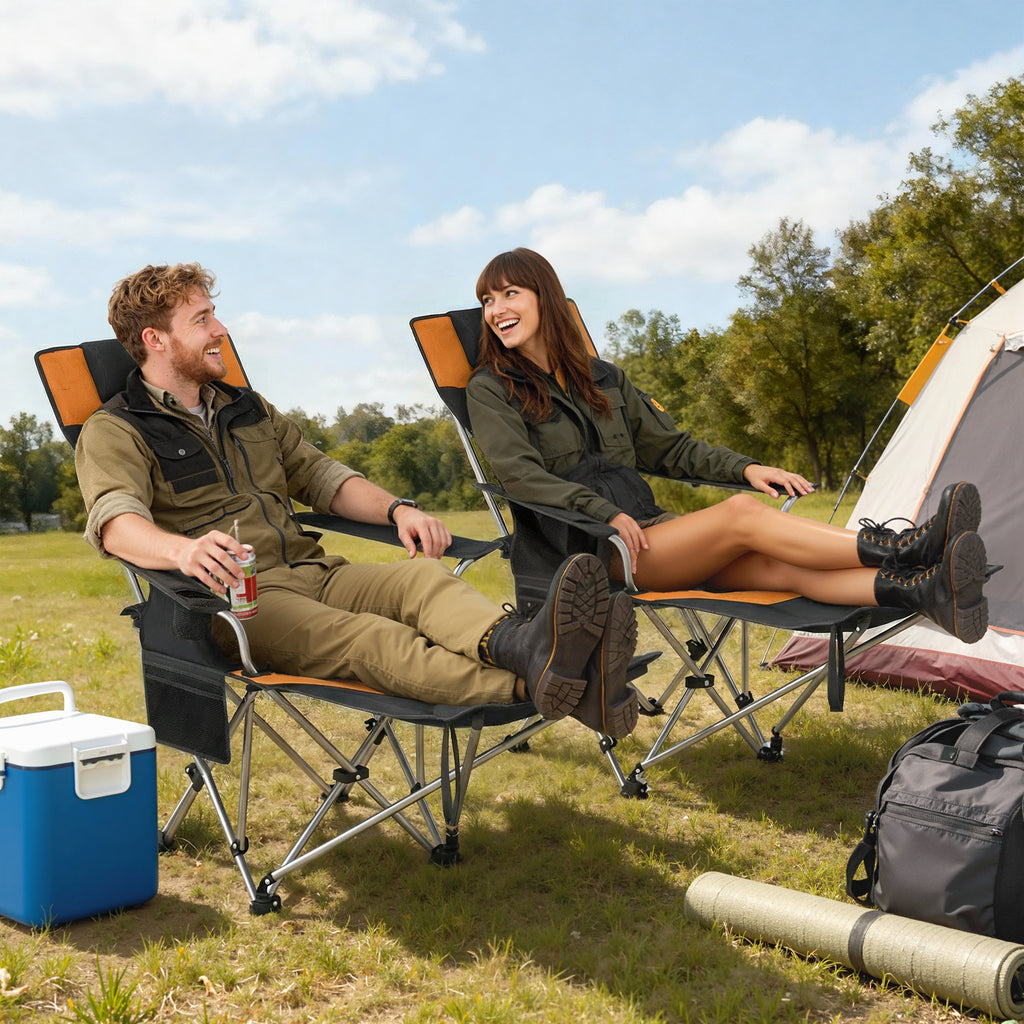 Set of 2 Reclining Camping Chair with Foot Rest, Folding Camping Chair w/ Headrest, Cup Holder, Storage Bag, Orange