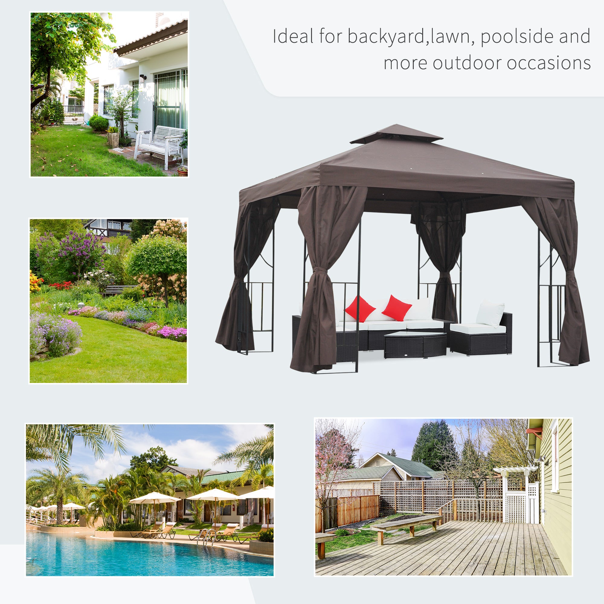 10' x 10' Patio Gazebo Outdoor, Canopy Shelter with Double-tier Roof, Pavilion Sidewalls for Garden Events, Brown