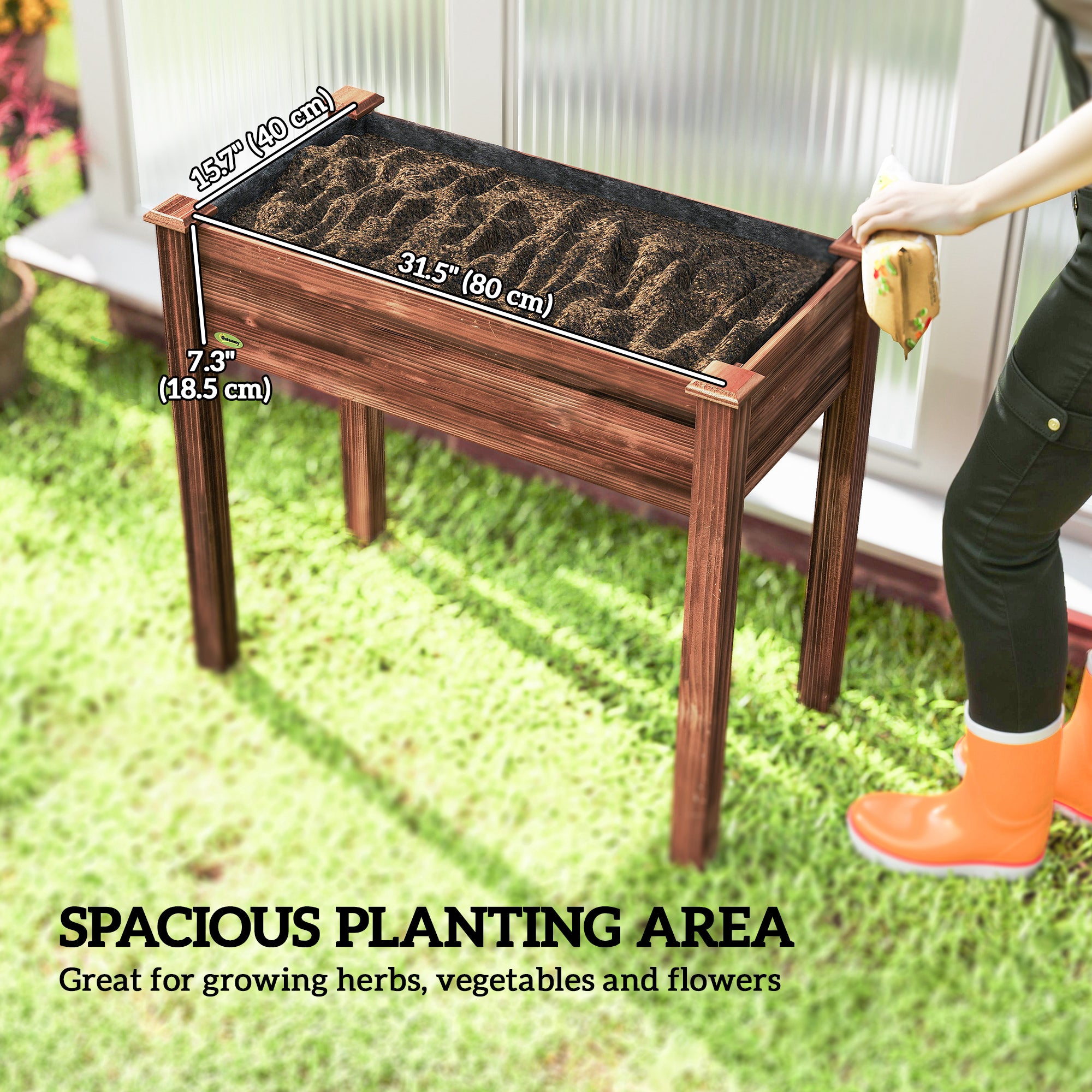 34" x 18" x 30" Wooden Patio Raised Garden Bed Planter, Elevated Planter Box with Legs, Carbonized