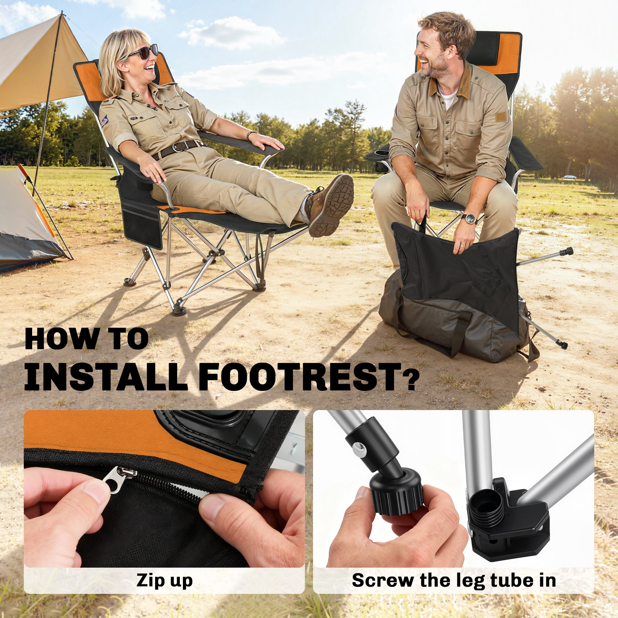 Set of 2 Reclining Camping Chair with Foot Rest, Folding Camping Chair w/ Headrest, Cup Holder, Storage Bag, Orange