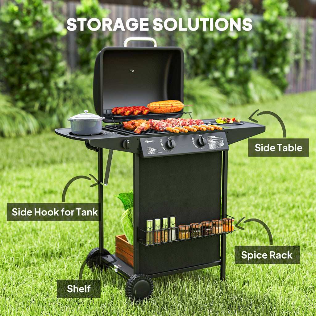 2+1 Burner Propane Gas BBQ Grill, Portable Gas Barbecue Grill with Side Burner, Thermometer, Lid, Side Table, Shelf, Spice Rack, Wheels, Grease Cup for Garden, Black