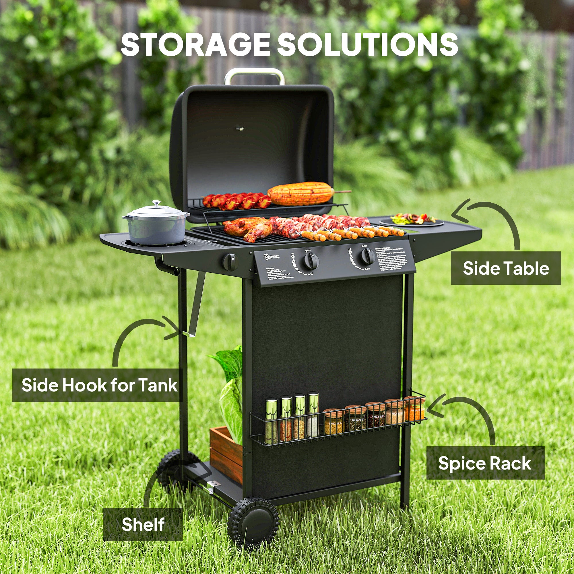 2+1 Burner Propane Gas BBQ Grill, Portable Gas Barbecue Grill with Side Burner, Thermometer, Lid, Side Table, Shelf, Spice Rack, Wheels, Grease Cup for Garden, Black