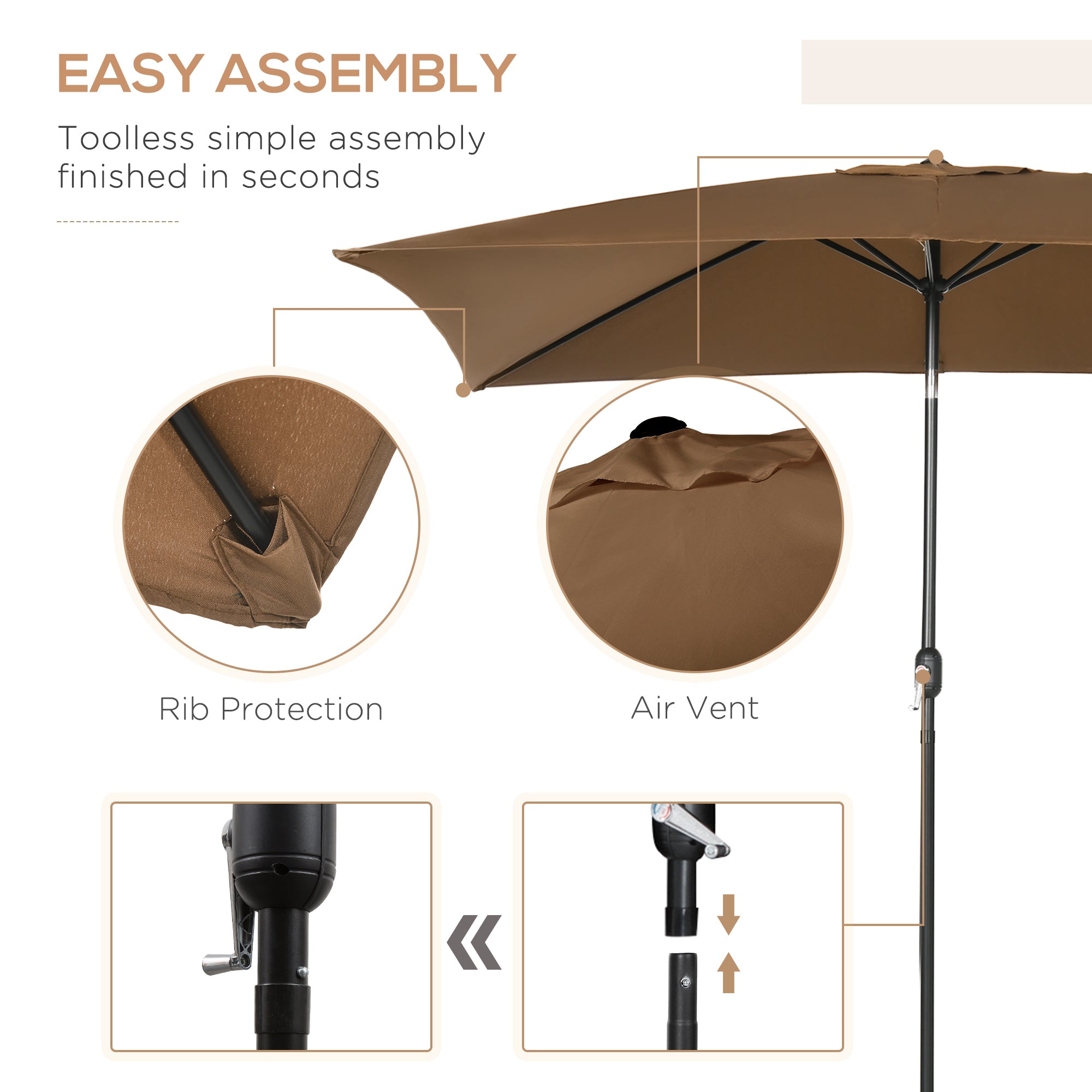 6.5x10ft Rectangle Aluminum Tilt Patio Umbrella, Garden Market Parasol, Outdoor Sunshade Canopy with Crank, Coffee