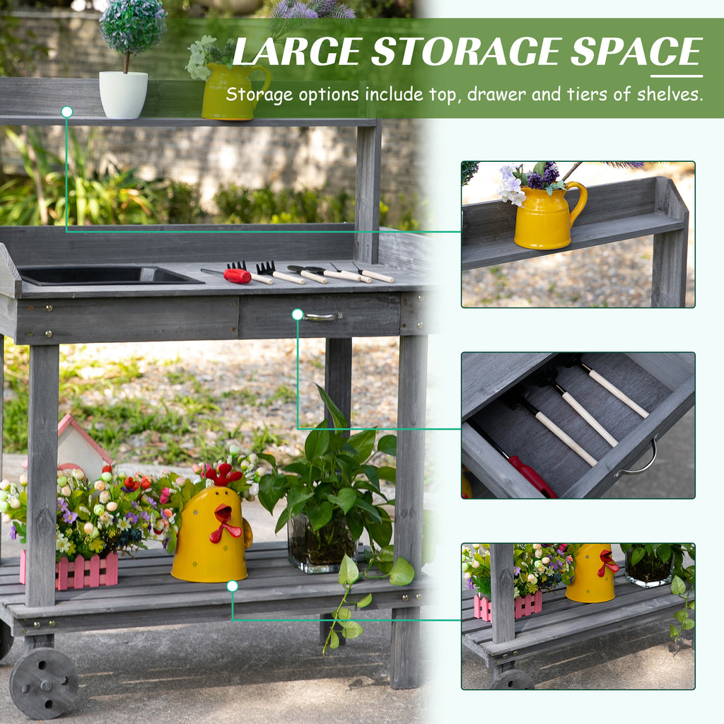36" Wooden Potting Bench Work Table with 2 Removable Wheels, Sink, Drawer & Large Storage Spaces, Gray