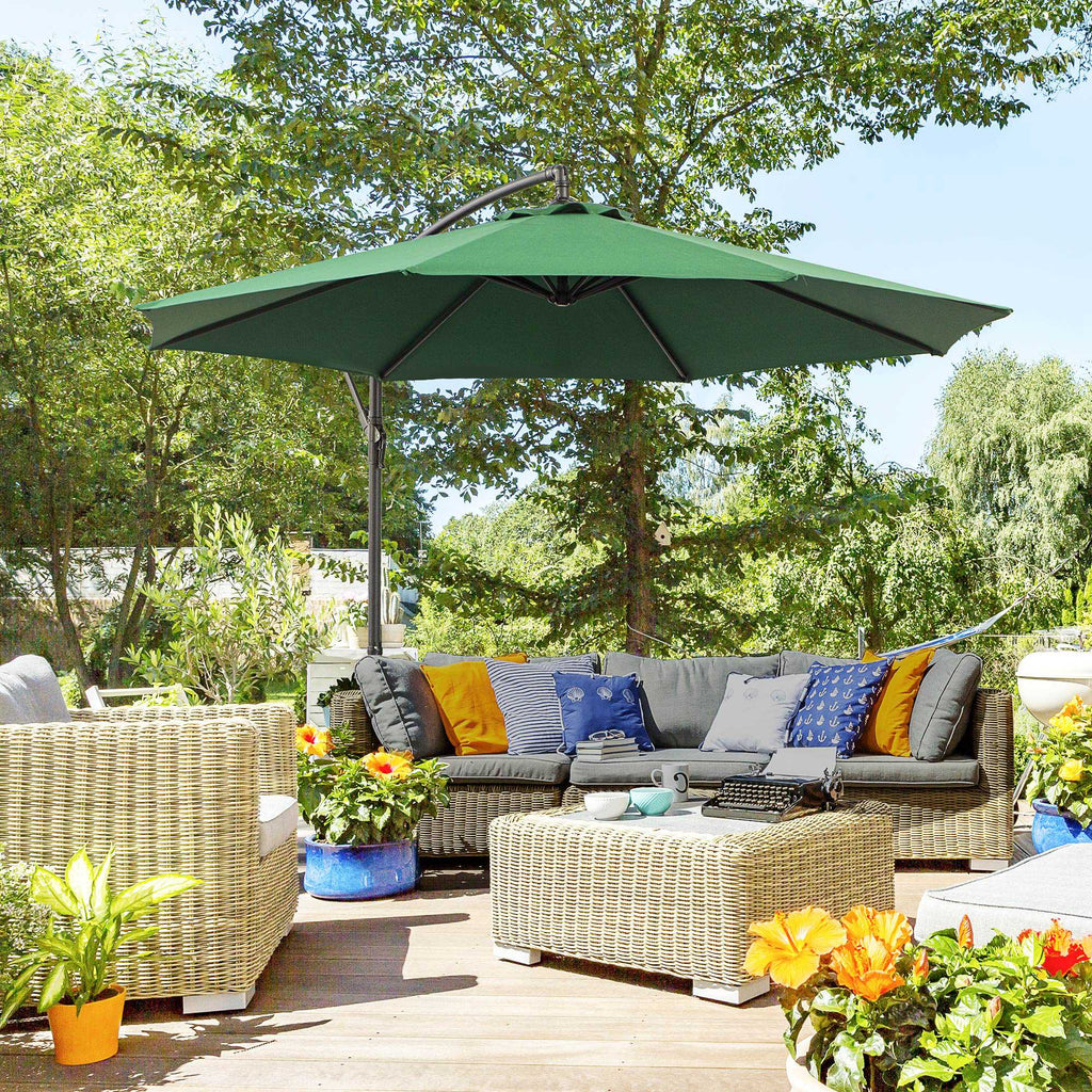 9.7ft Offset Patio UmbrellaCantilever Parasol with Crank Handle, 8 Ribs and Cross Base for Outdoor, Sun Shade, Green