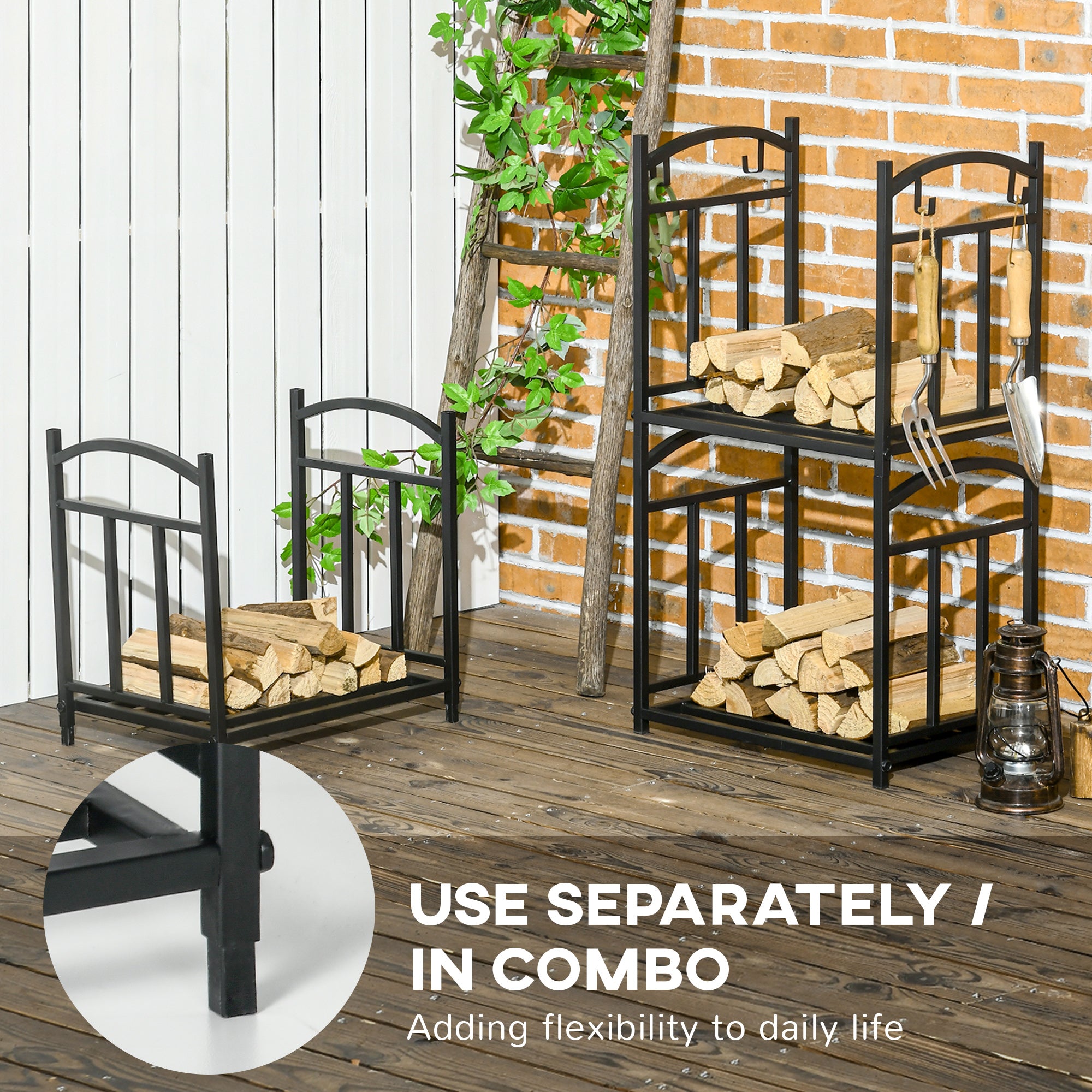 3-Tier Firewood Rack Heavy Duty Wood Storage Log Stacking Shelf with Hanging Hooks, Outdoor Indoor Use, Black