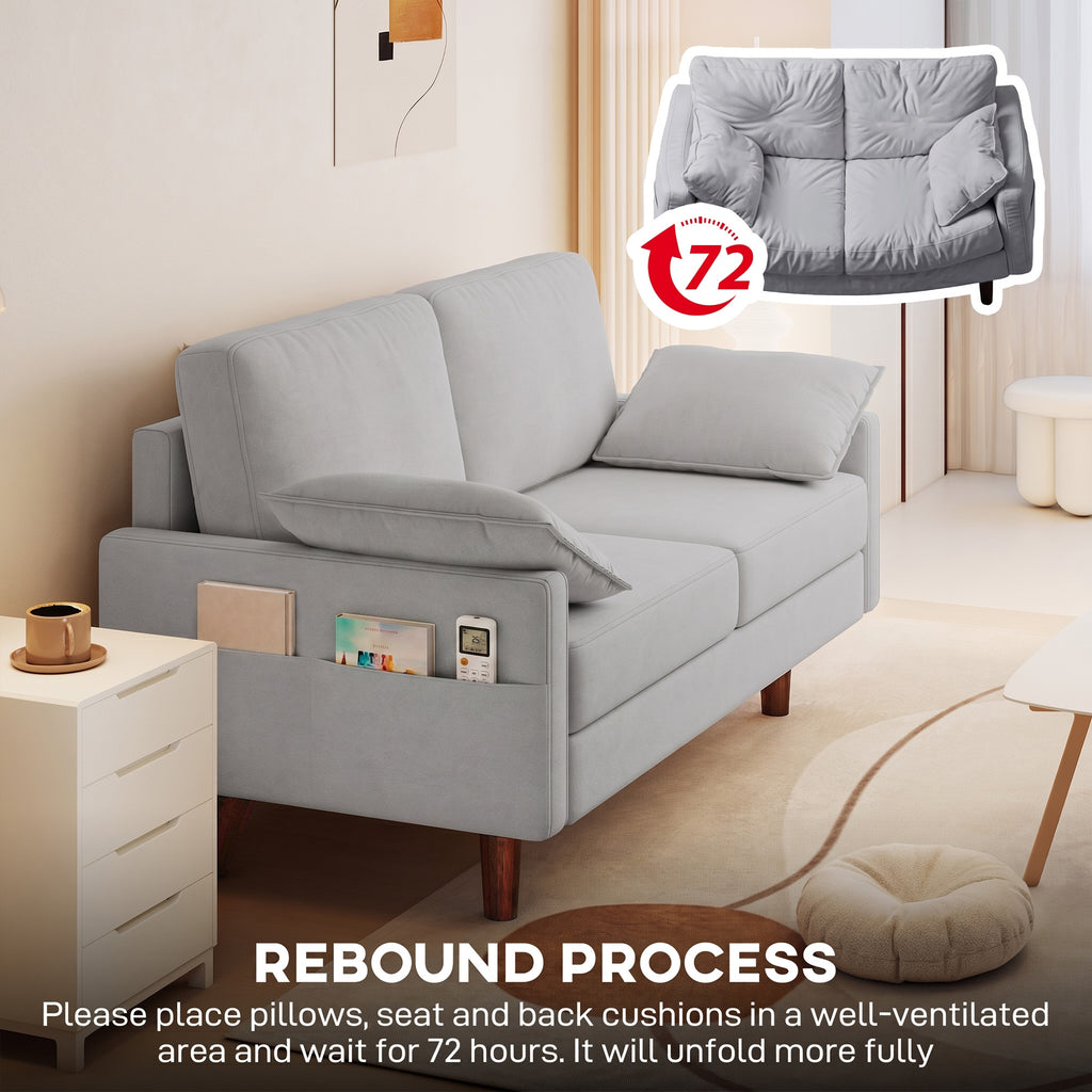 3 Seater Sofa, Velvet Upholstered Couch with Spring Cushions, Rubber Wood Legs and 2 Pillows, Grey