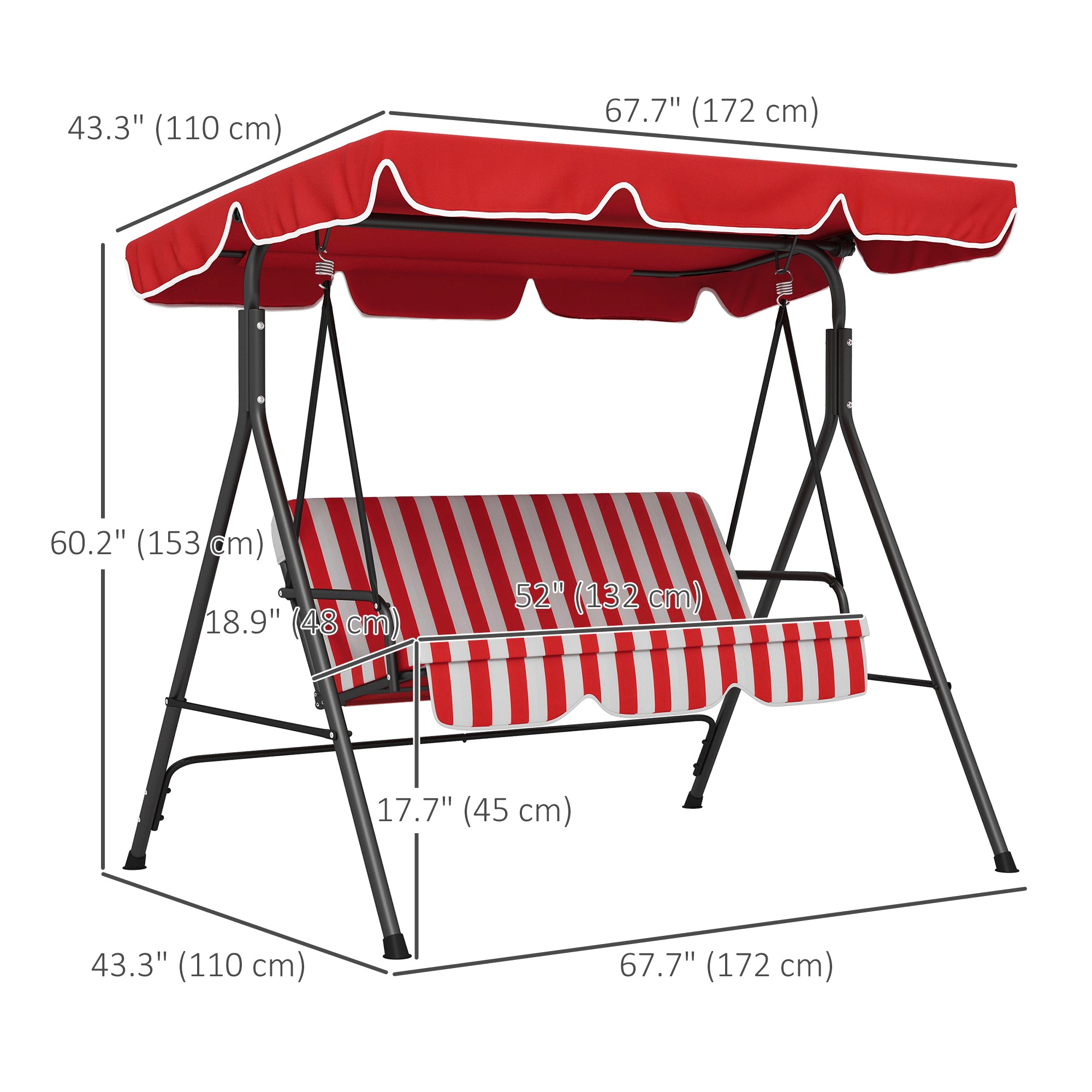 3-Seater Outdoor Porch Swing with Adjustable Canopy, Patio Swing Chair for Garden, Poolside, Backyard, Red