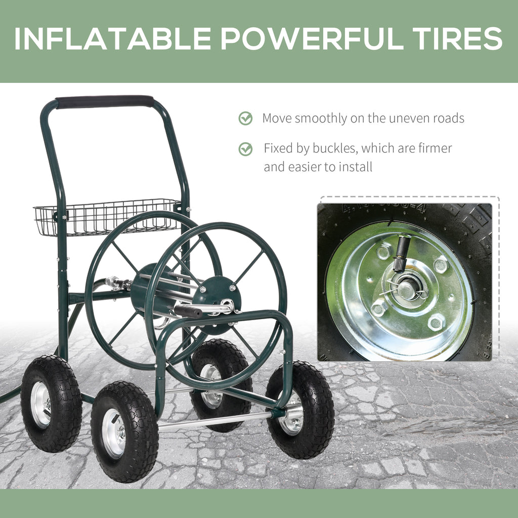 Garden Hose Reel Cart, Portable Hose Organizer with Hose Guide System, 4 Wheels & Storage Basket for Yard, Garden, Farm