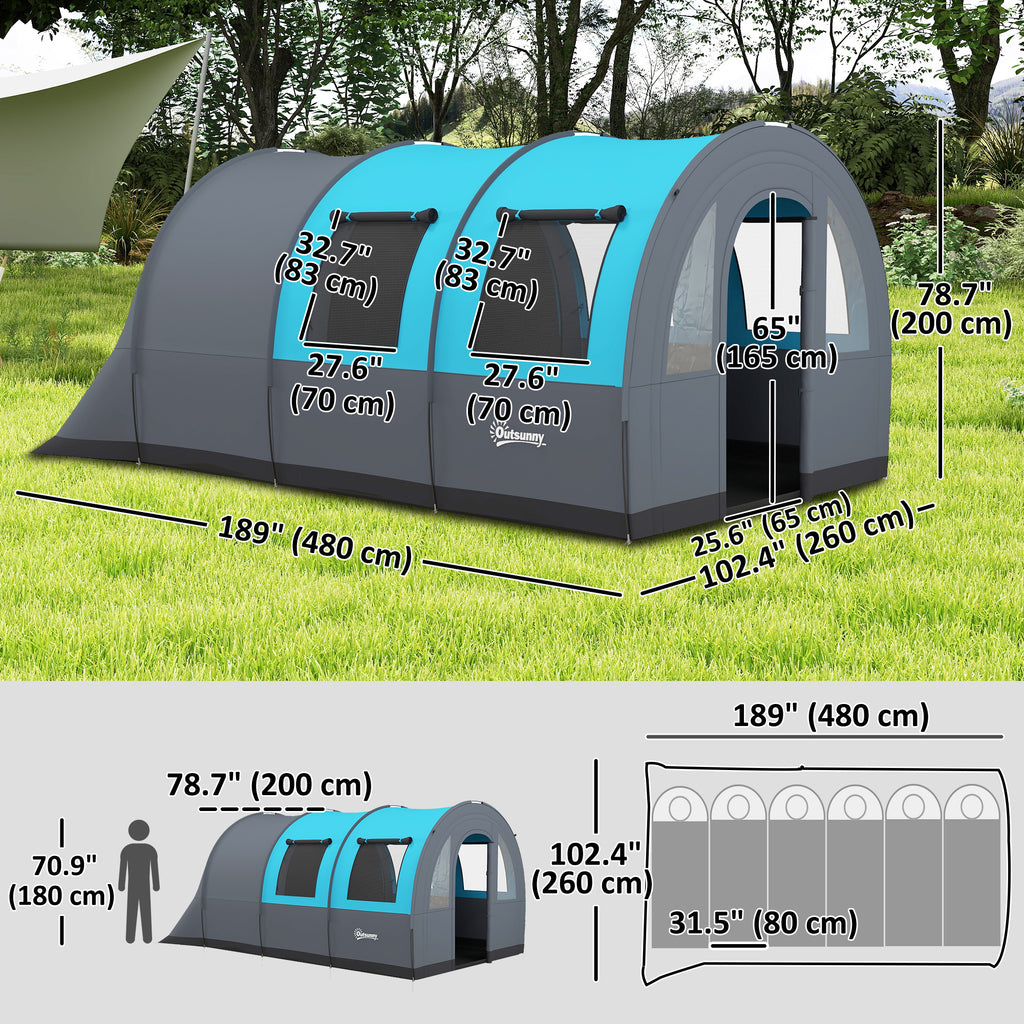 3 Person Camping Tent with Living Room and Bedroom, 3000mm Waterproof Tunnel Large Family Tent, Grey and Blue