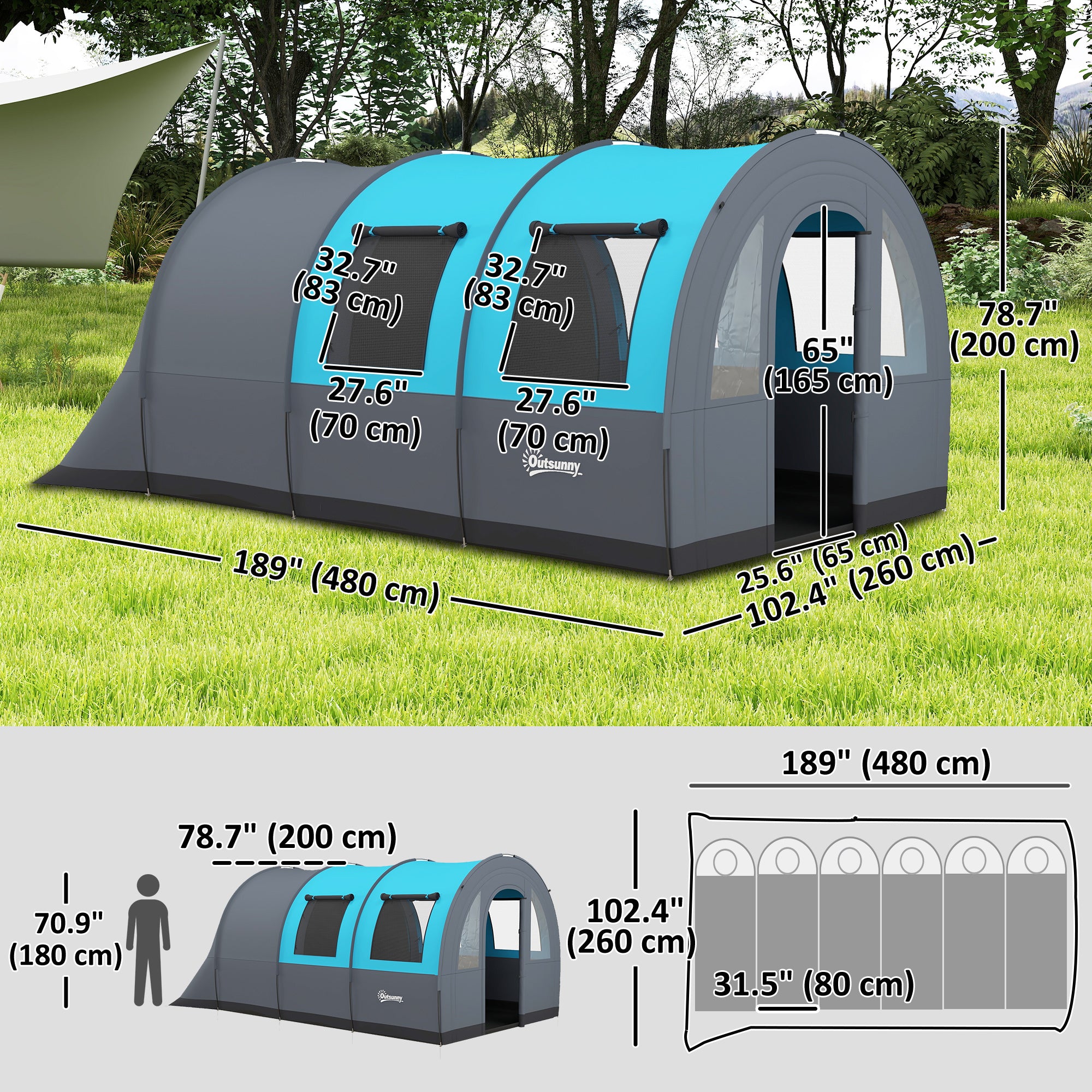 3 Person Camping Tent with Living Room and Bedroom, 3000mm Waterproof Tunnel Large Family Tent, Grey and Blue