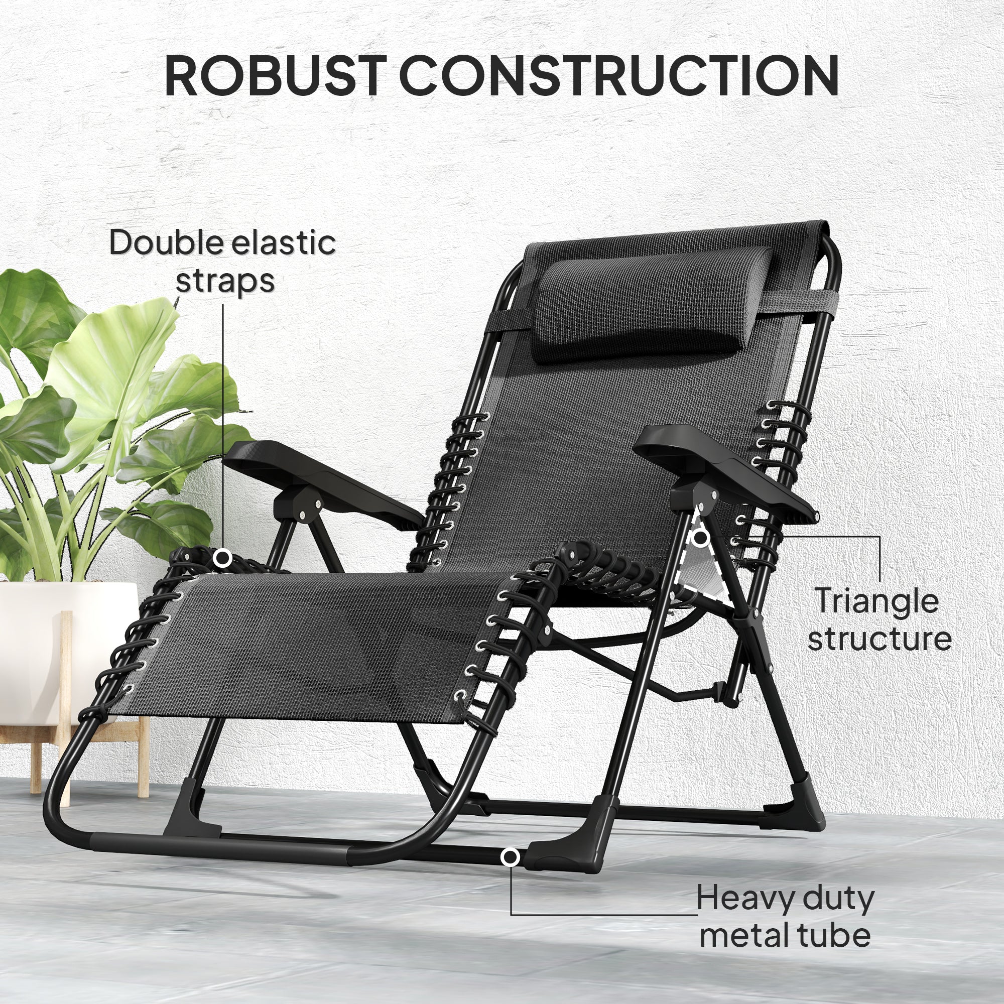 Folding Zero Gravity Chair, 5-Position Adjustable Outdoor Lounge Chair Recliner with Headrest, Black
