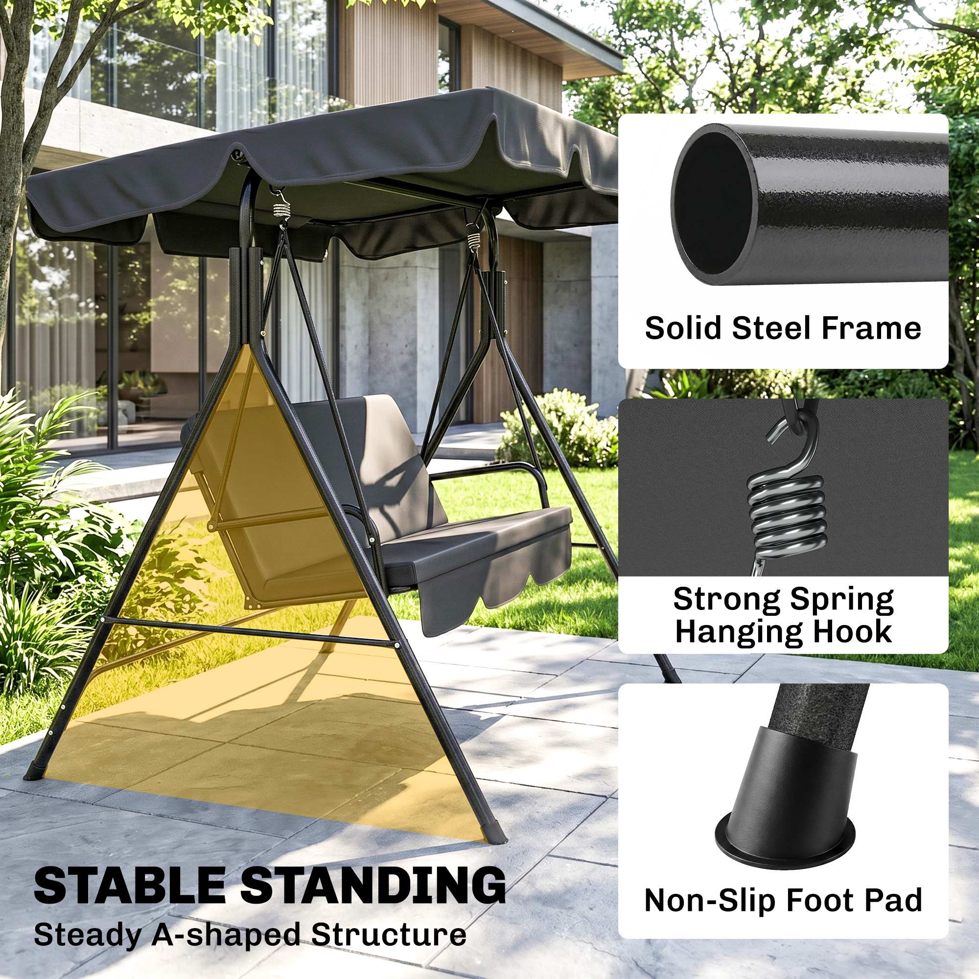 3-Seater Outdoor Porch Swing with Adjustable Canopy, Patio Swing Chair for Garden, Poolside, Backyard, Black