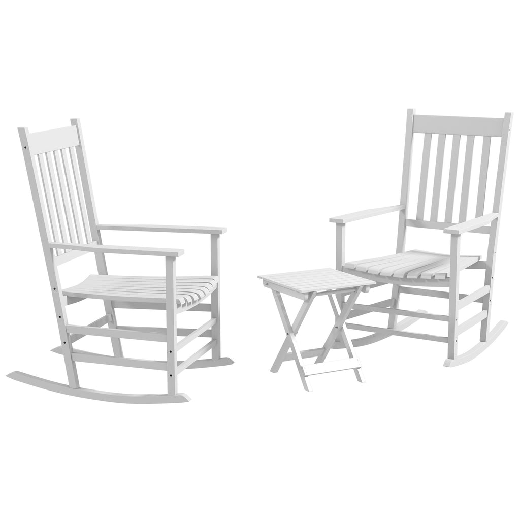 3 Pieces Outdoor Rocking Chair Set, Wooden Patio Rocking Chair Set with Folding Table, High Back and Armrests, White