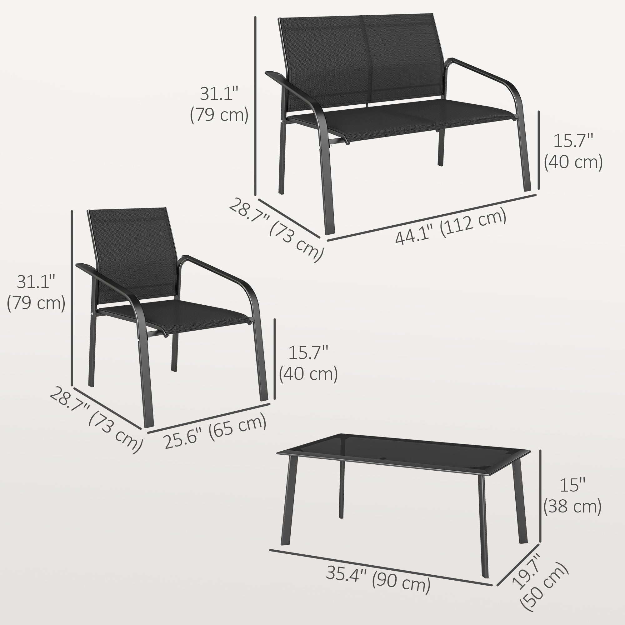 4 Piece Patio Furniture Set, Outdoor Conversation Set with Deep Seat, Loveseats, Armchairs, Glass-Top Table, Black