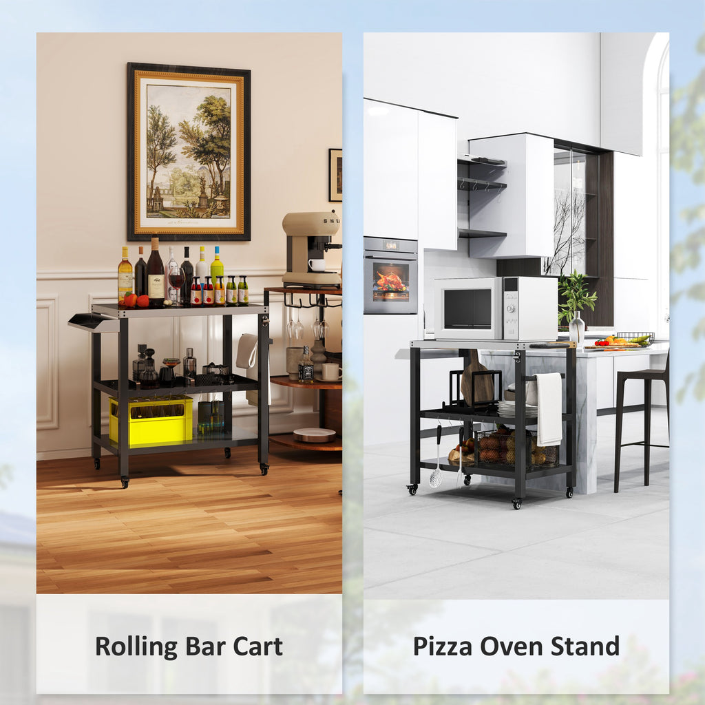 Outdoor Kitchen Bar Cart BBQ Table with Wheels, Stainless Steel Pizza Oven Stand, Movable Prep Table with Hooks