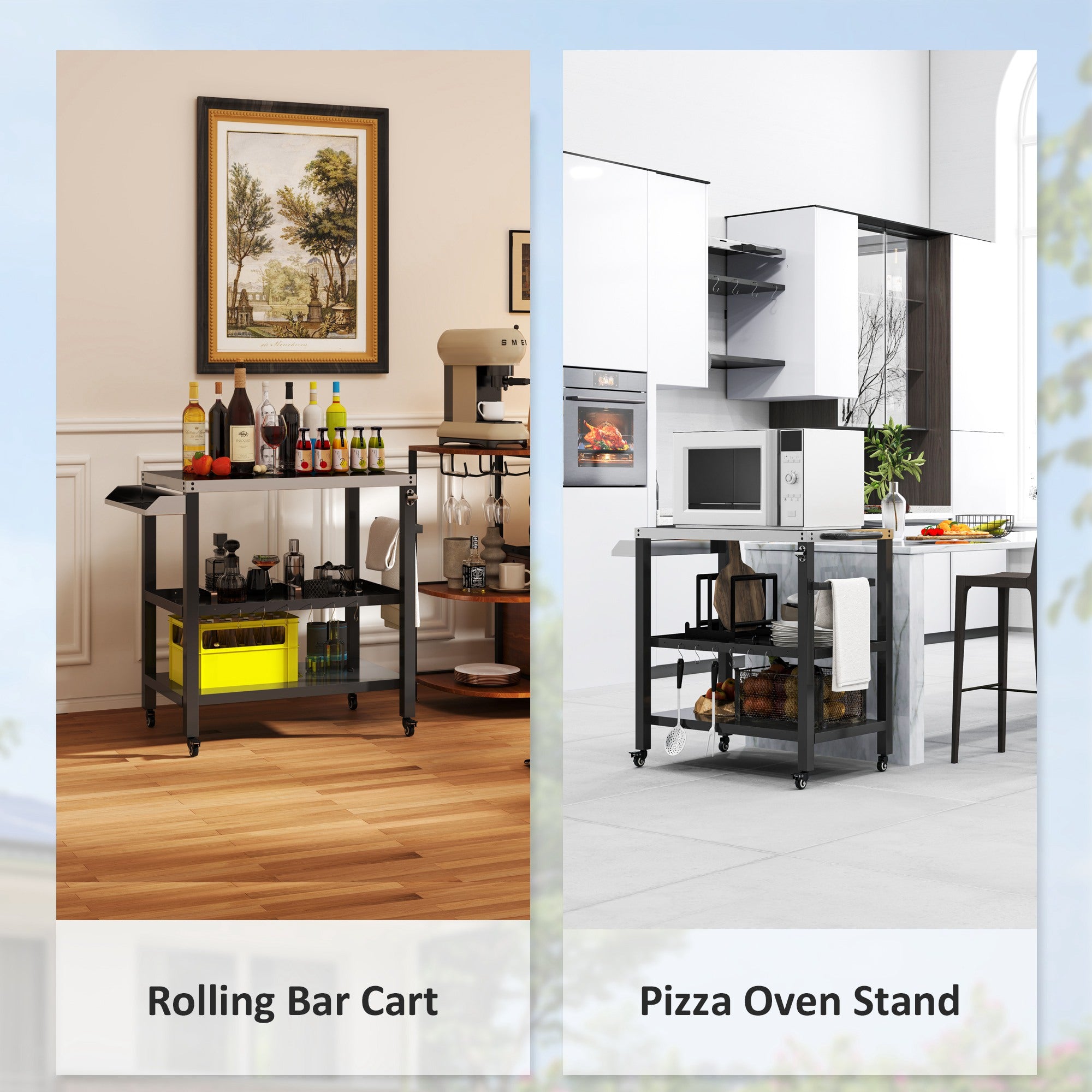 Outdoor Kitchen Bar Cart BBQ Table with Wheels, Stainless Steel Pizza Oven Stand, Movable Prep Table with Hooks