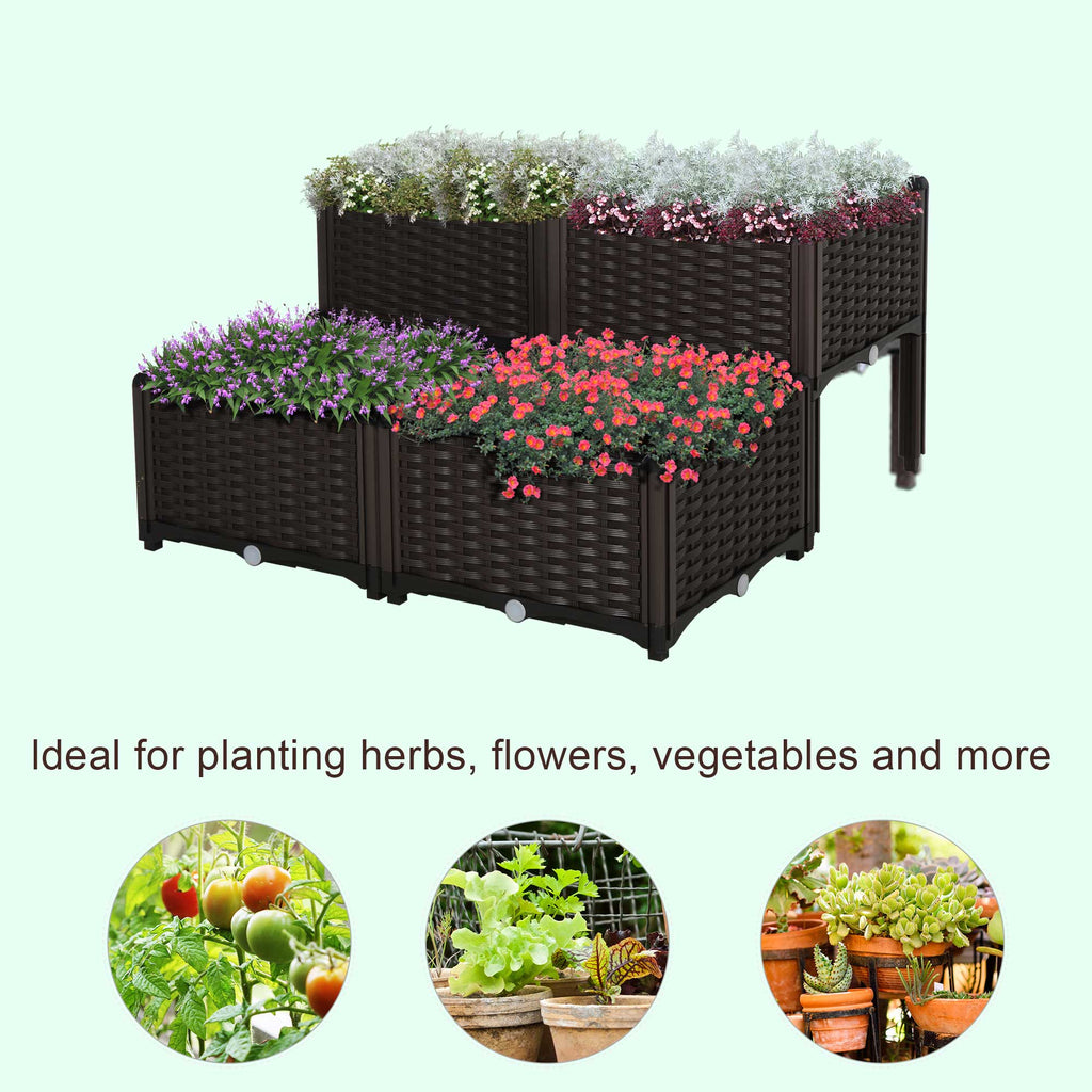 4 Piece Raised Garden Bed PP Raised Flower Bed Vegetable Herb Grow Box Stand Brown