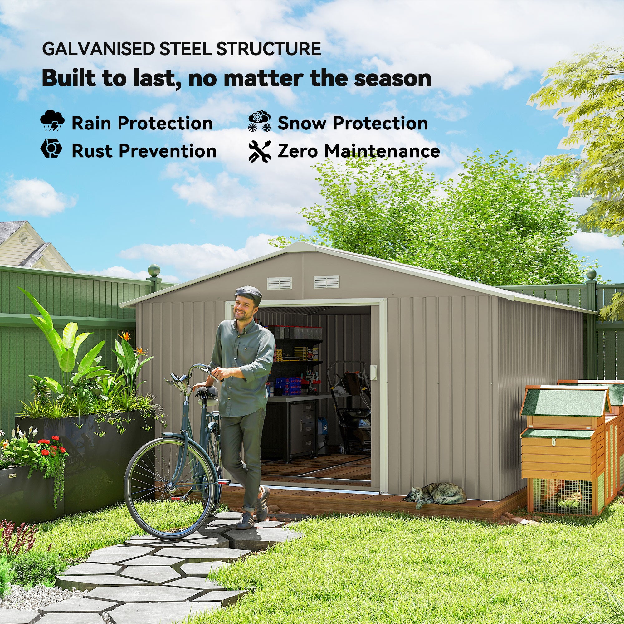 11' x 13' Practical Backyard Garden Storage Tool Shed Double Sliding Door 4 Ventilation Slots, Light Grey