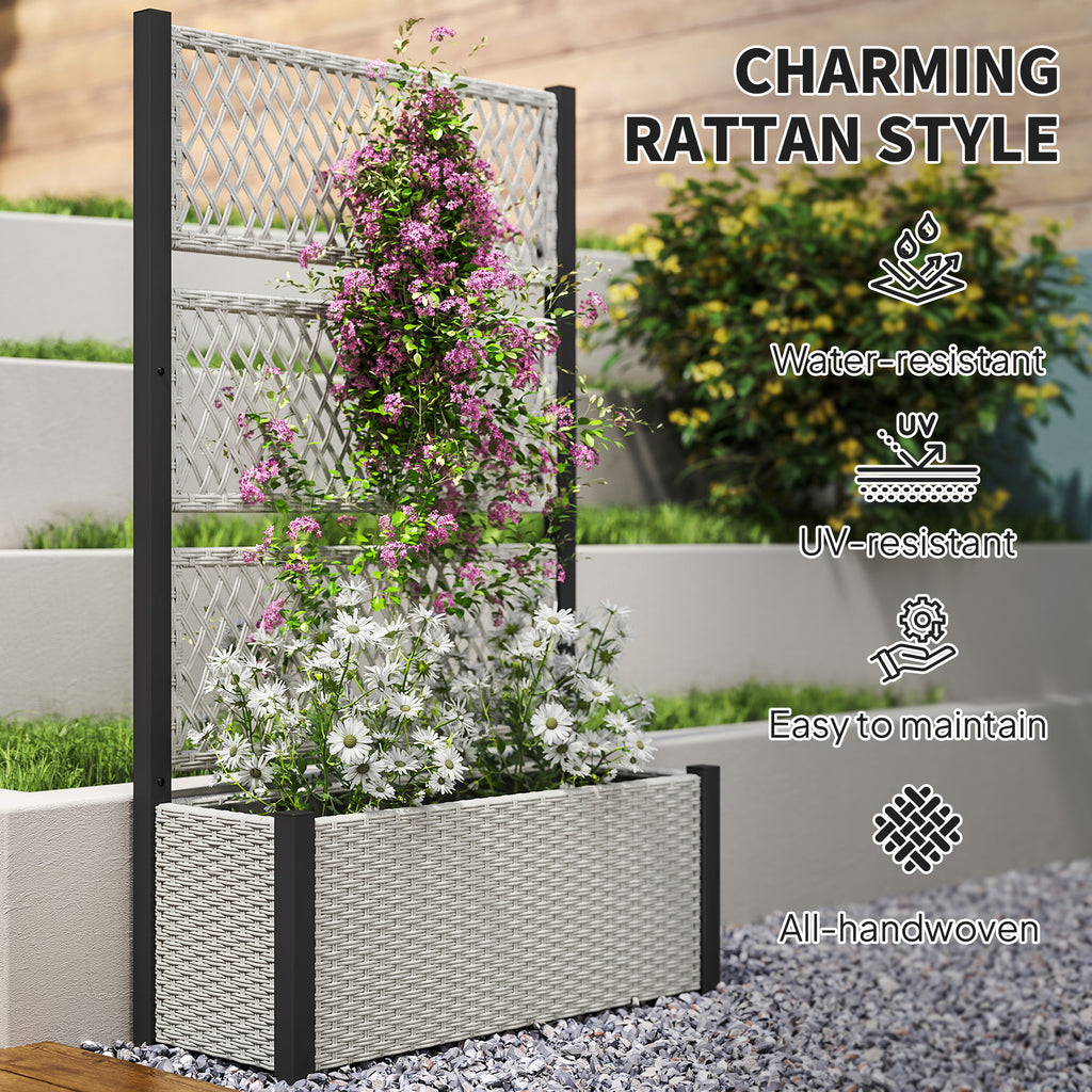 Wicker Outdoor Planter with Trellis, 58" Standing Garden Bed with Liner, Drainage Holes for Climbing Plants, Mixed Grey