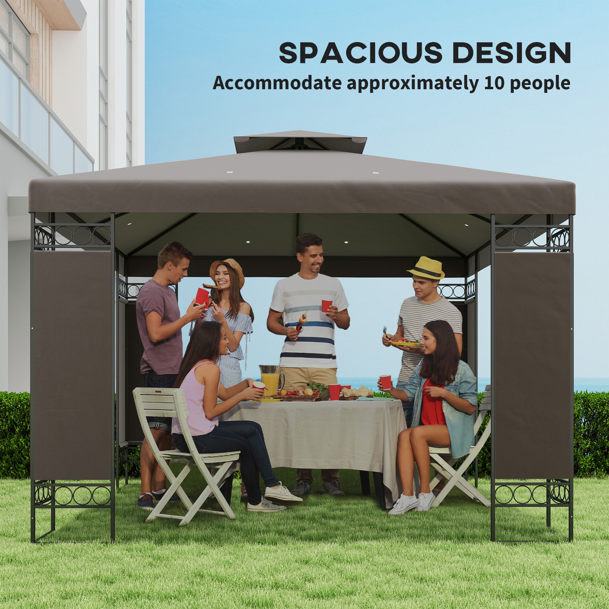 10 x 10 FT Canopy Gazebo, Double Roof Patio Gazebo with Screen Panels and Metal Frame for Deck, Backyard, Khaki