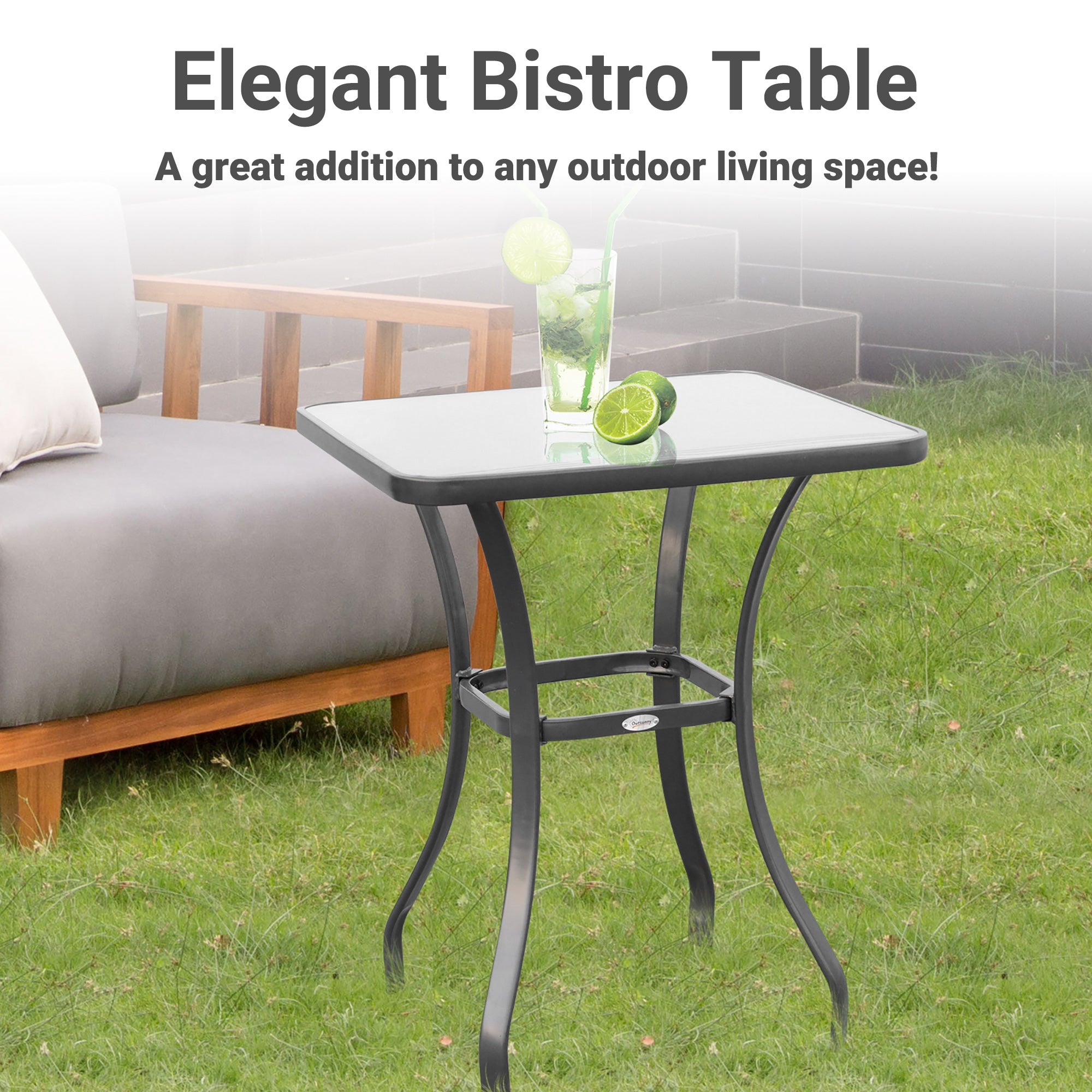27" Patio Square Table with Tempered Glass Top Outdoor Dining Bar Table Steel Backyard Bistro Table Steel Frame