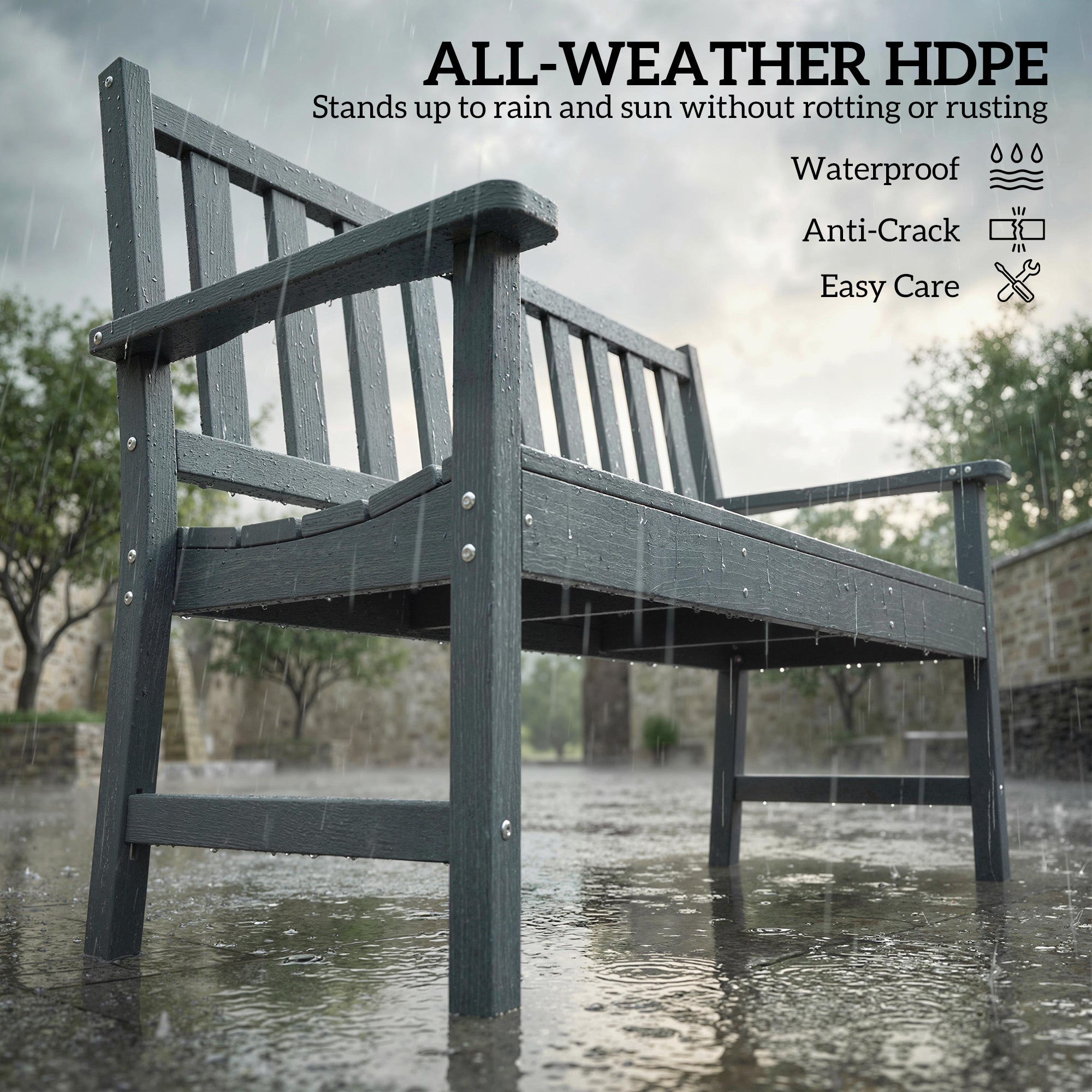Outdoor Bench, HDPE Weatherproof Garden Bench, 2-Person Garden Seating with Slatted Seat