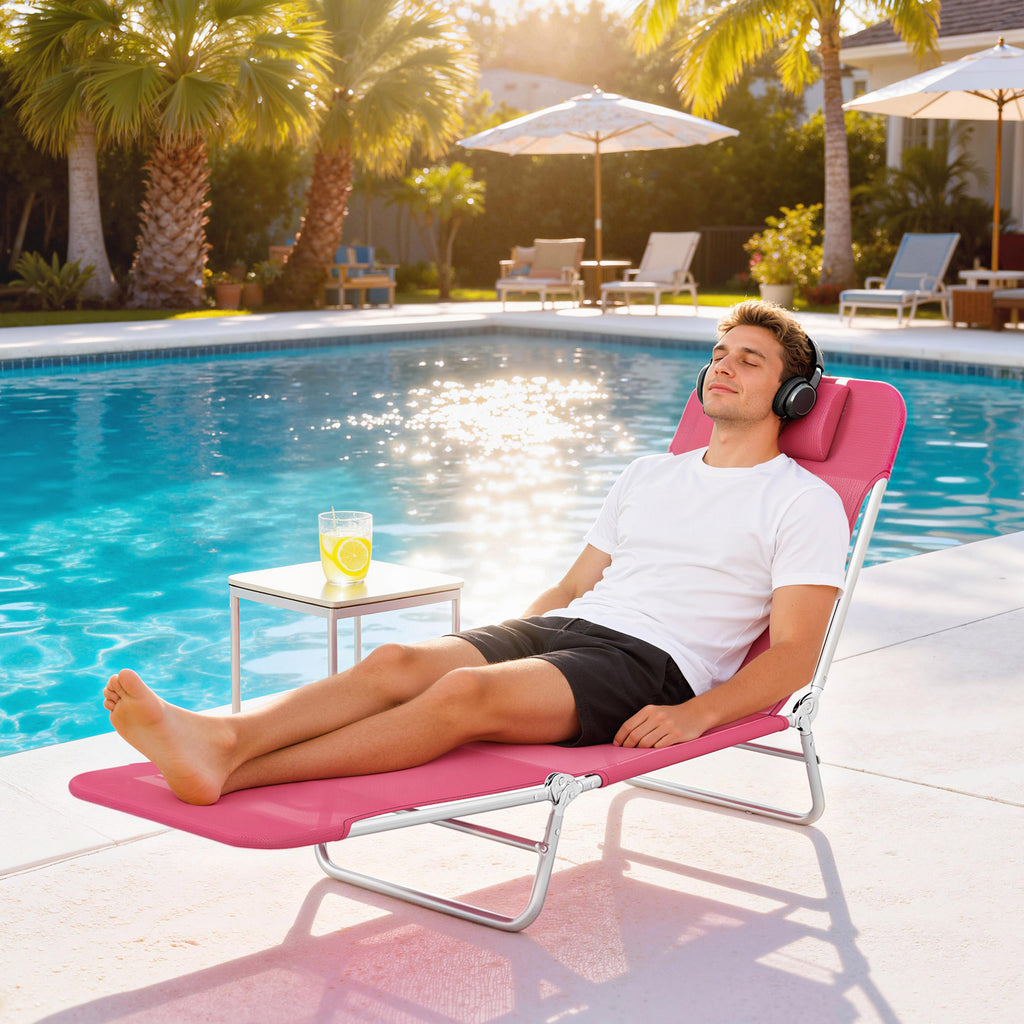 Folding Lounge Chair, Portable Tanning Chair with Adjustable Backrest, Pillow for Beach Poolside Patio, Pink