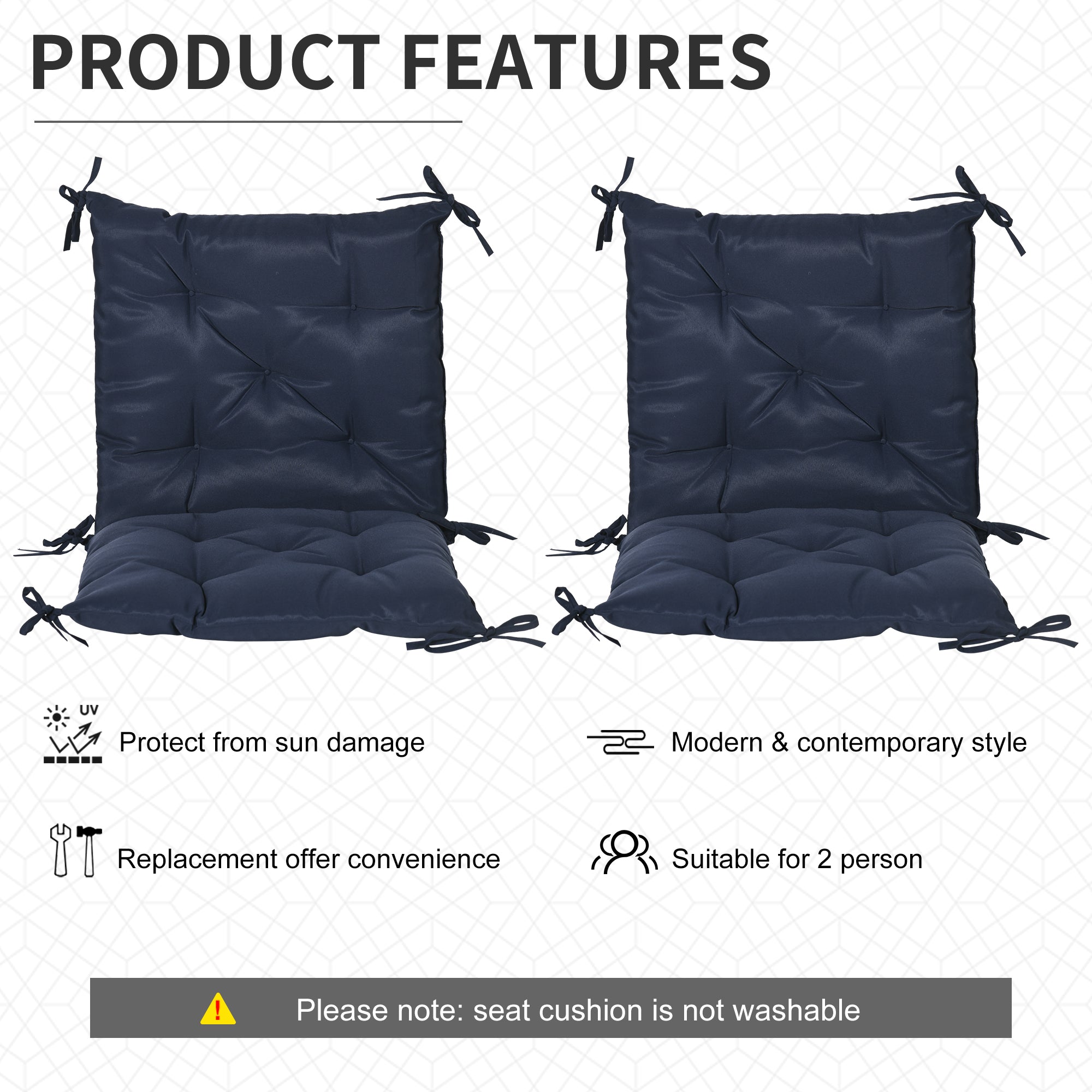 Patio Chair Cushions Set of 2, 39" x 20" x 3" Outdoor Tufted Cushion Set with Ties for Indoor Outdoor Garden Furniture, Dark Blue