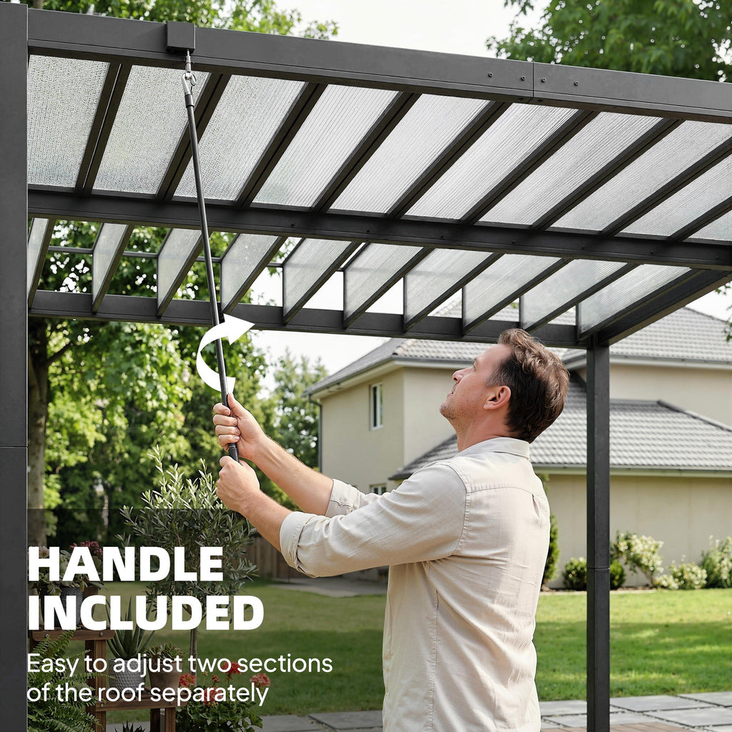 9.5 x 10 ft Louvered Pergola with PC Roof, Aluminium Outdoor Pergola Gazebo with Drainage Gutters, Handle, Clear