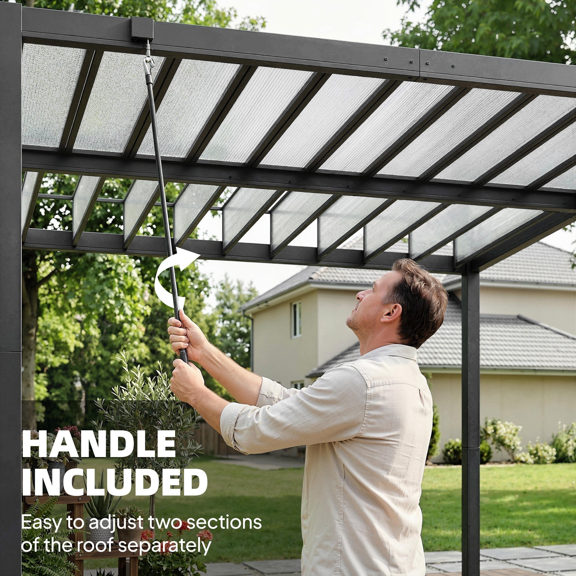 9.5 x 10 ft Louvered Pergola with PC Roof, Aluminium Outdoor Pergola Gazebo with Drainage Gutters, Handle, Clear