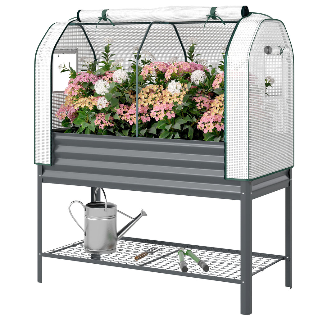 Galvanised Raised Garden Bed with Greenhouse Cover, Metal Elevated Planter Box with Bed Liner, Bottom Shelf, Dark Grey