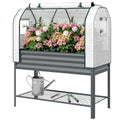 Galvanised Raised Garden Bed with Greenhouse Cover, Metal Elevated Planter Box with Bed Liner, Bottom Shelf, Dark Grey