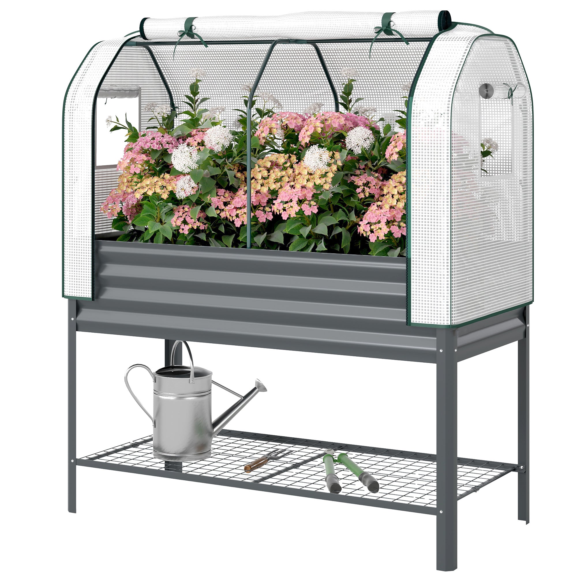 Galvanised Raised Garden Bed with Greenhouse Cover, Metal Elevated Planter Box with Bed Liner, Bottom Shelf, Dark Grey