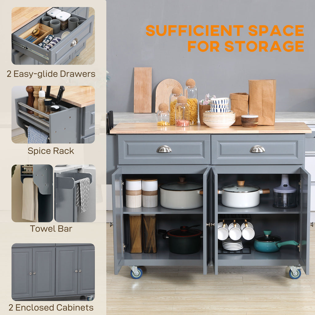 Kitchen Island with Storage, Rolling Kitchen Island with Drop Leaf, Rubber Wood Top and Adjustable Shelves, Grey