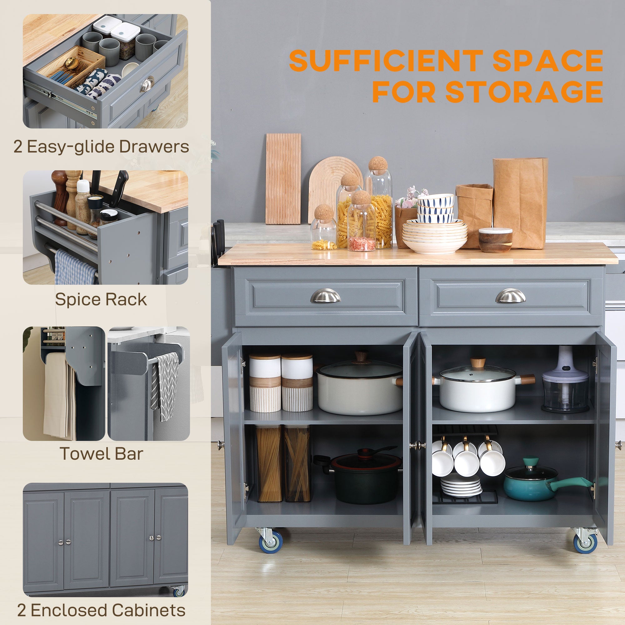 Kitchen Island with Storage, Rolling Kitchen Island with Drop Leaf, Rubber Wood Top and Adjustable Shelves, Grey