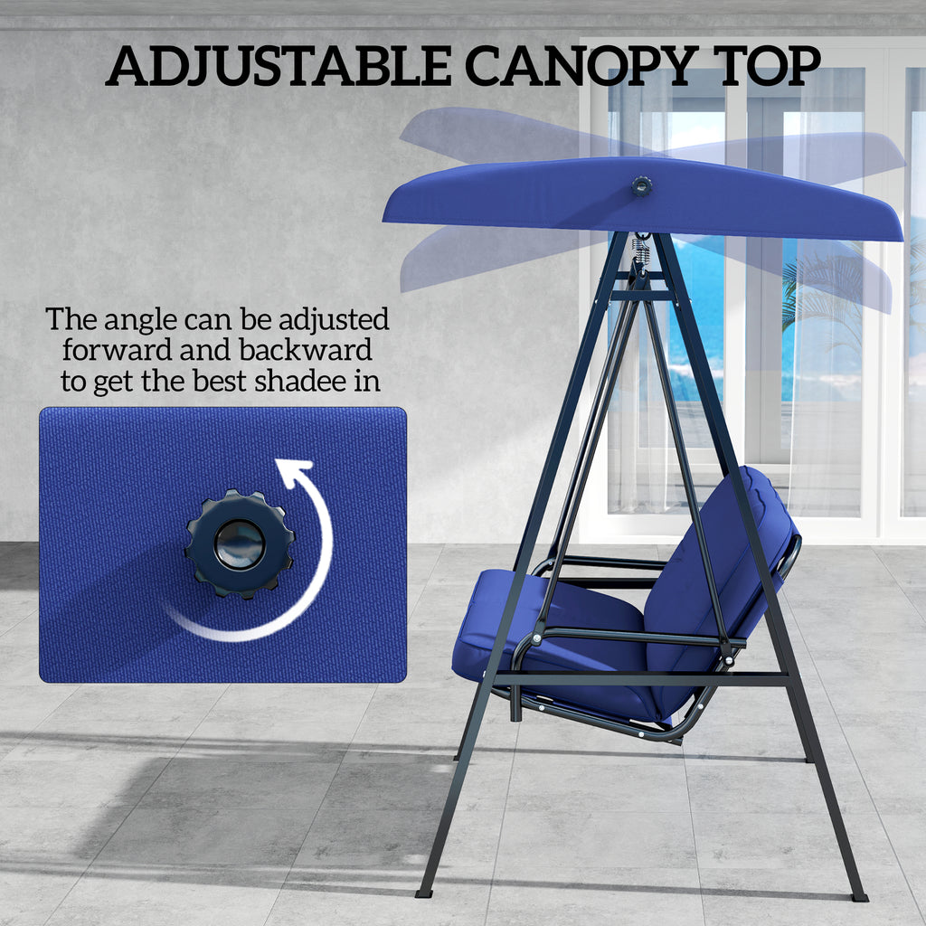 2-Seater Outdoor Porch Swing with Adjustable Canopy, Patio Swing Chair for Garden, Poolside, Backyard, Dark Blue