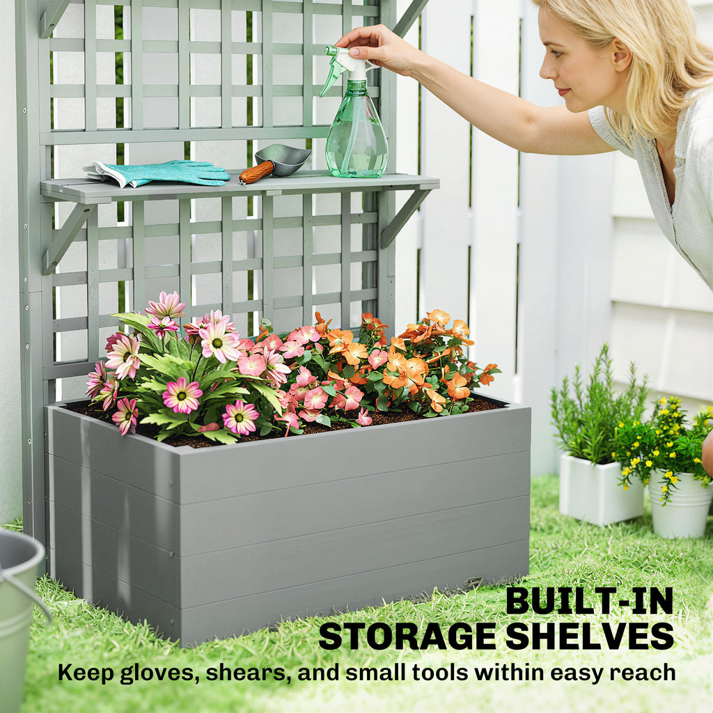 Wooden Raised Garden Bed with Trellis and Roof, Elevated Planter Box with 2 Shelves, Drainage Hole and Liner, Grey