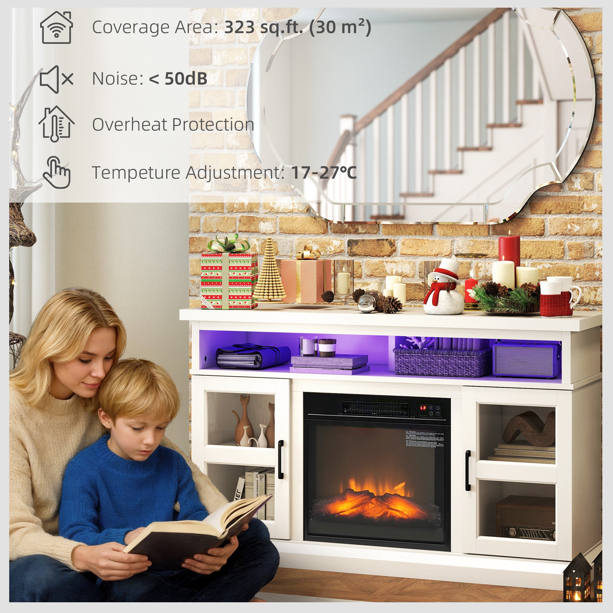 48" Fireplace TV Stand for TVs Up to 55 Inches, Media Entertainment Center with 3D Flame, Adjustable Shelves, White